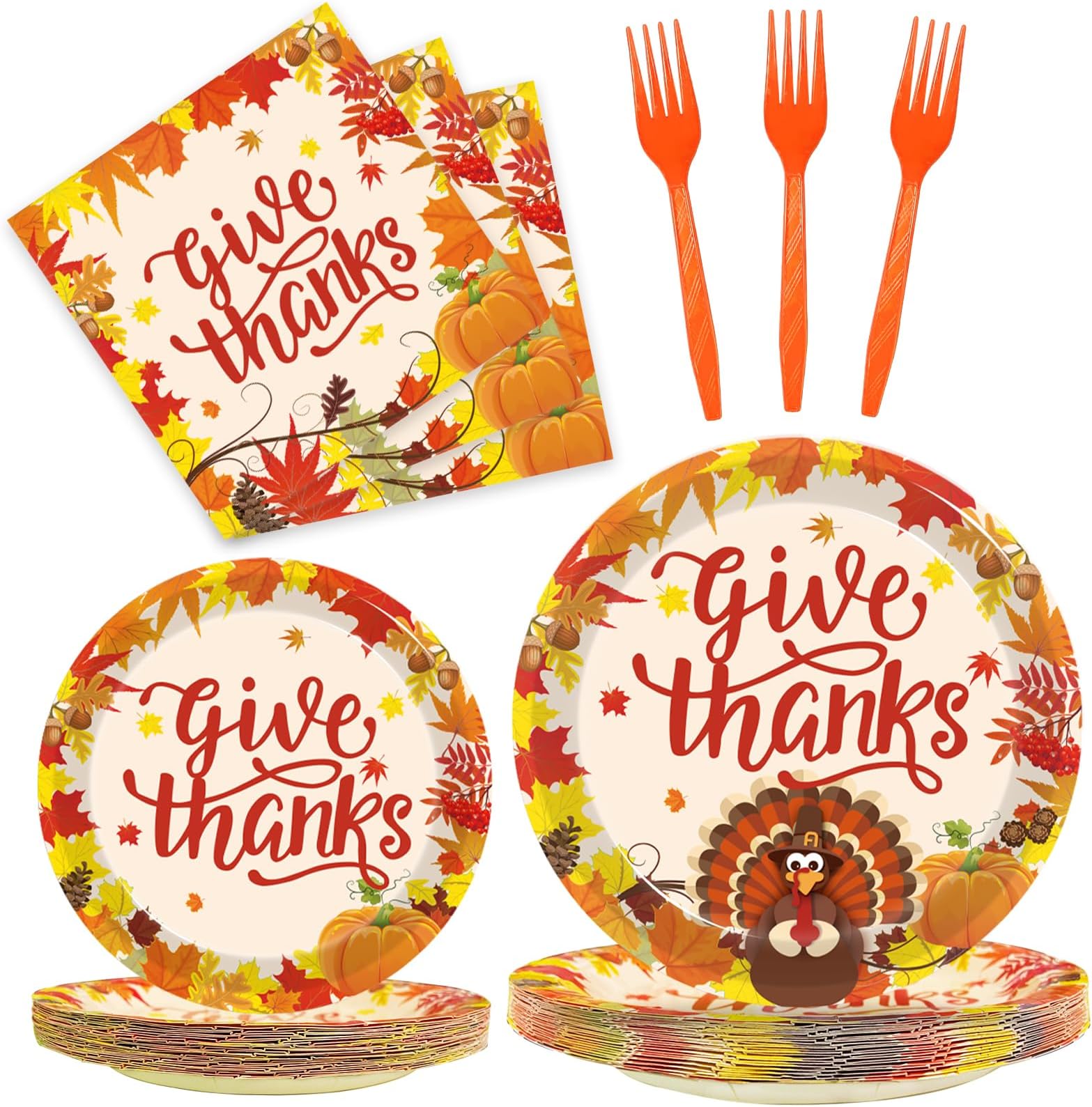 Kepeel 96 Pcs Fall Thanksgiving Party Supplies Give Thanks Party Plates Fall Pumpkin Turkey Autumn Party Plates Napkins Set Disposable Dinnerware Tableware for Thanksgiving Dinner Party, Serves 24
