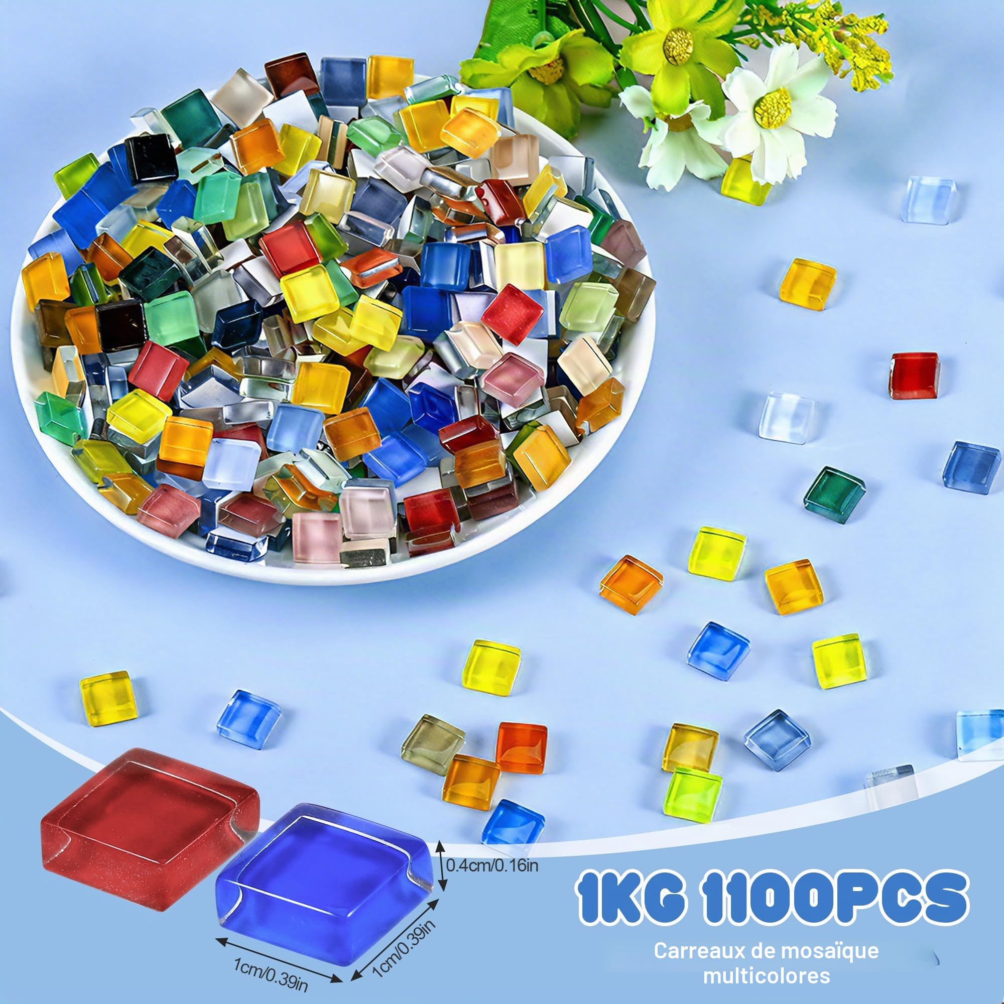 1100 Pièces Carreaux de Mosaïque Carrés en Cristal, Couleurs Mélangées, Paquet de 1 kg, Mosaique Loisir Creatif pour Salle de Bain, Salon, Cuisine, Décoration Intérieure