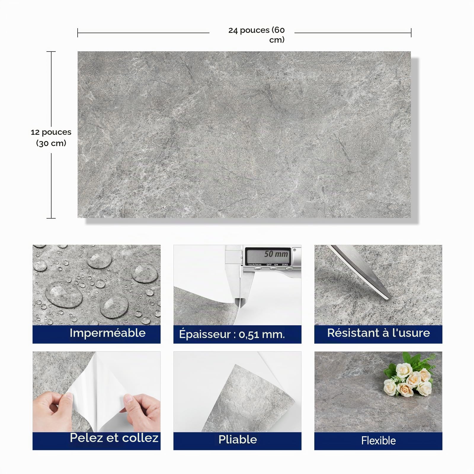 FunStick 30X60CM 15 Dalles PVC Adhesives Sol Marbre Gris Dalles Autocollantes pour Sol Cuisine Salle de Bain Étanche Carrelage Adhesif Mural Credence Adhesive pour Cuisine Effet Pierre Béton Gris PVC