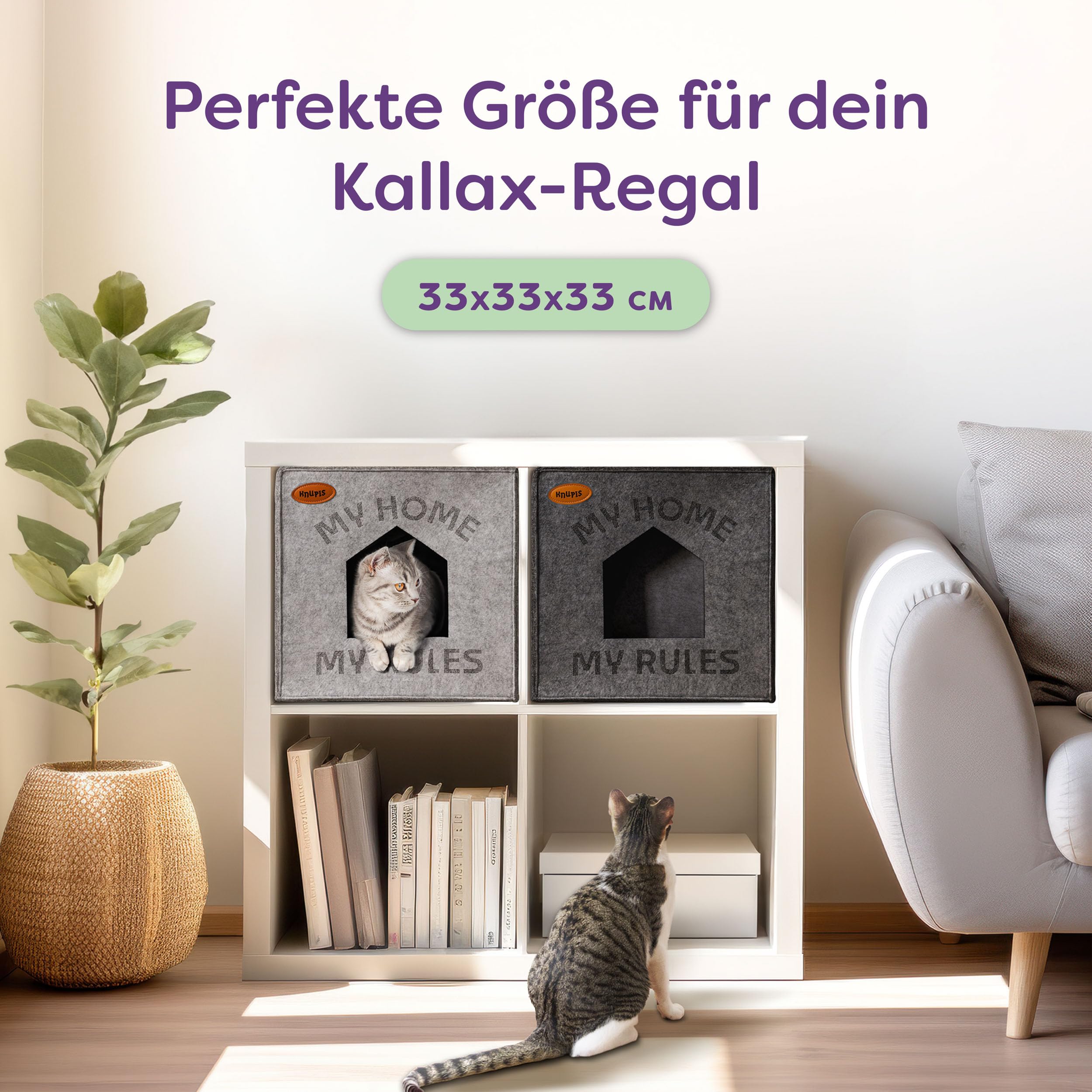 Knupis Katzenhöhle aus Filz - Passend für Kallax Regal - Mit Kissen - Anti-Rutsch Boden - Umweltfreundlichem Filz - Kuschelhöhle für Katzen - Hellgrau