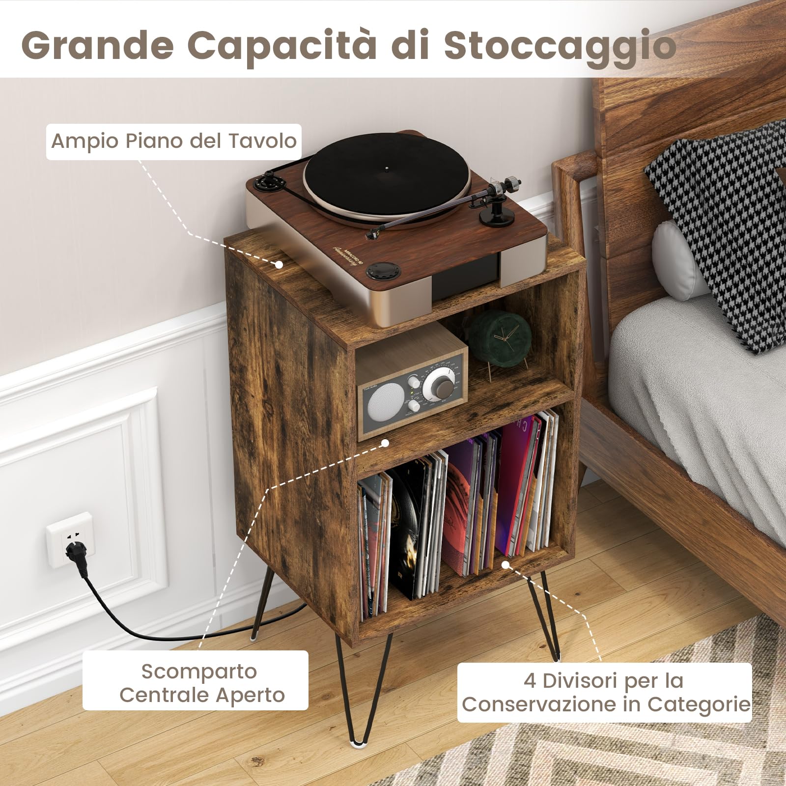 GYMAX Mobile Porta Giradischi, Scaffale a 3 Livelli con 5 Scomparti di Archiviazione, Stazione di Ricarica e Gambe in Metallo Robuste, Tavolino per Soggiorno Camera da Letto (Marrone Scuro)