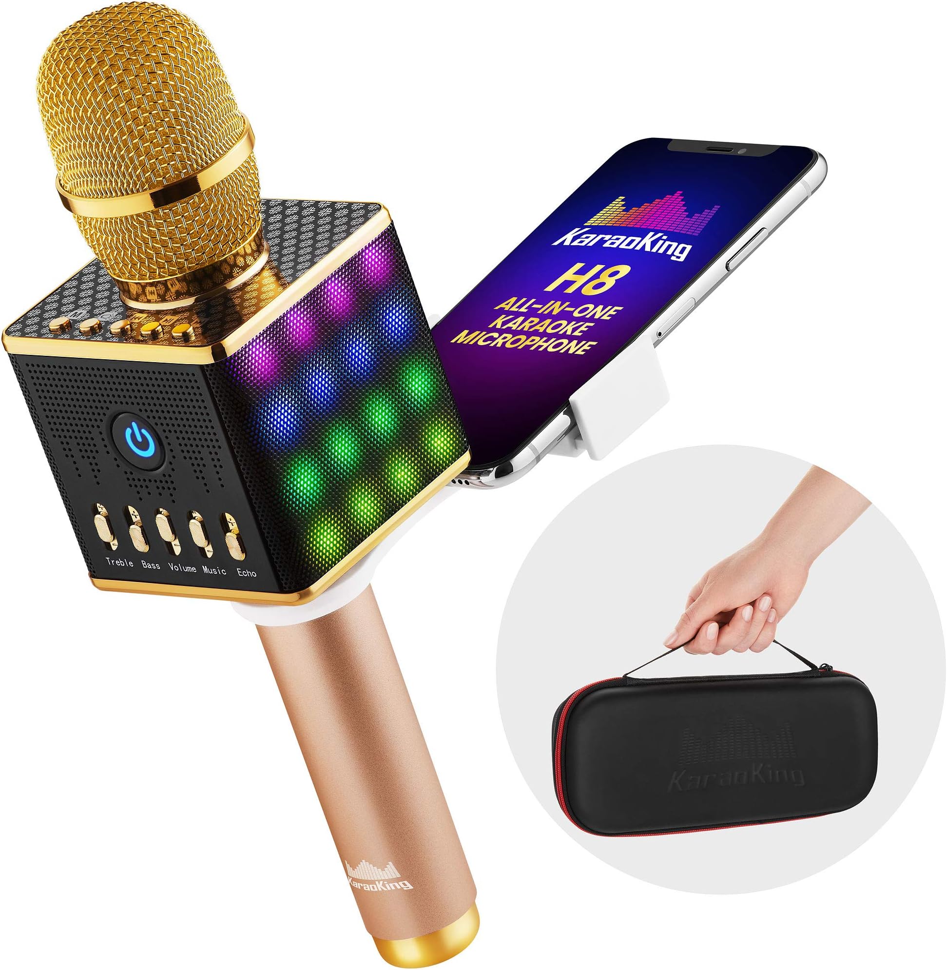 Karaoke Microphone - Wireless, Bluetooth Karaoke Machine for Kids & Adults - Includes Mic with Speaker & Phone Holder - Perfect for Rock n' Roll Parties (H8 2020 Yellow Gold)