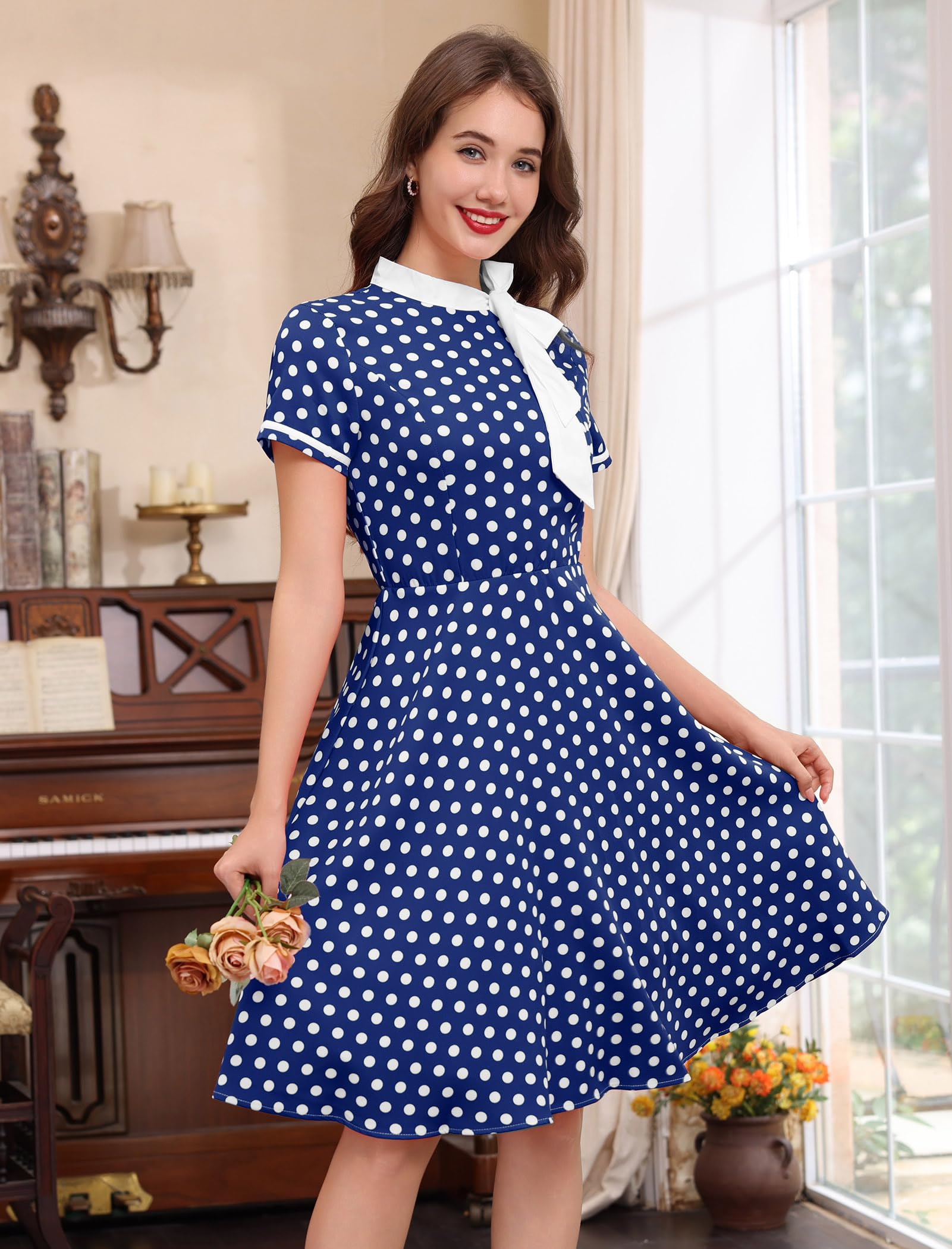 Abito da donna in stile anni '50, vintage, a pois, con fiocco, per lavoro, stile Audrey Hepburn, Rockabilly, cocktail party, Blu reale, S