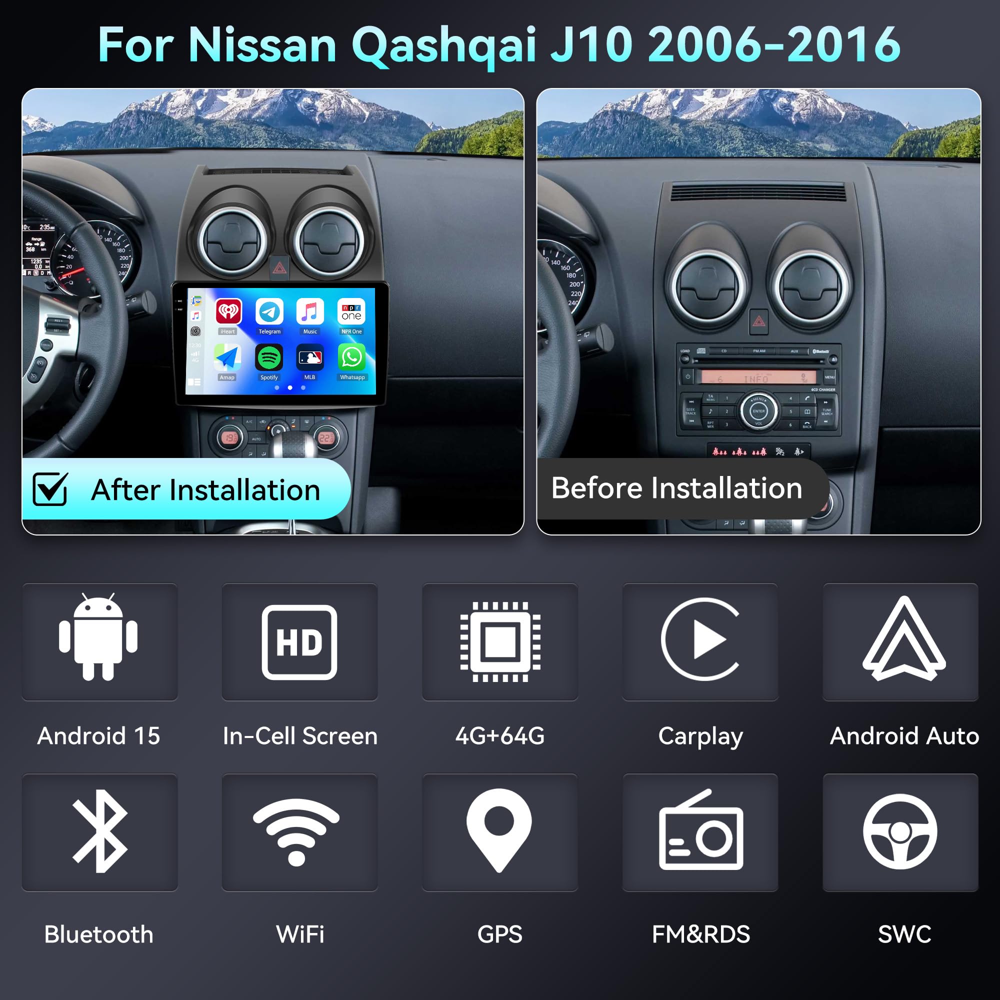SIXWIN 4+64G Android 15 Radio Coche para Nissan Qashqai J10 2006-2016 con CarPlay&Android Auto,9 Pulgadas Pantalla Táctil con Bluetooth/WiFi/GPS/FM/RDS/USB+AHD Cámara