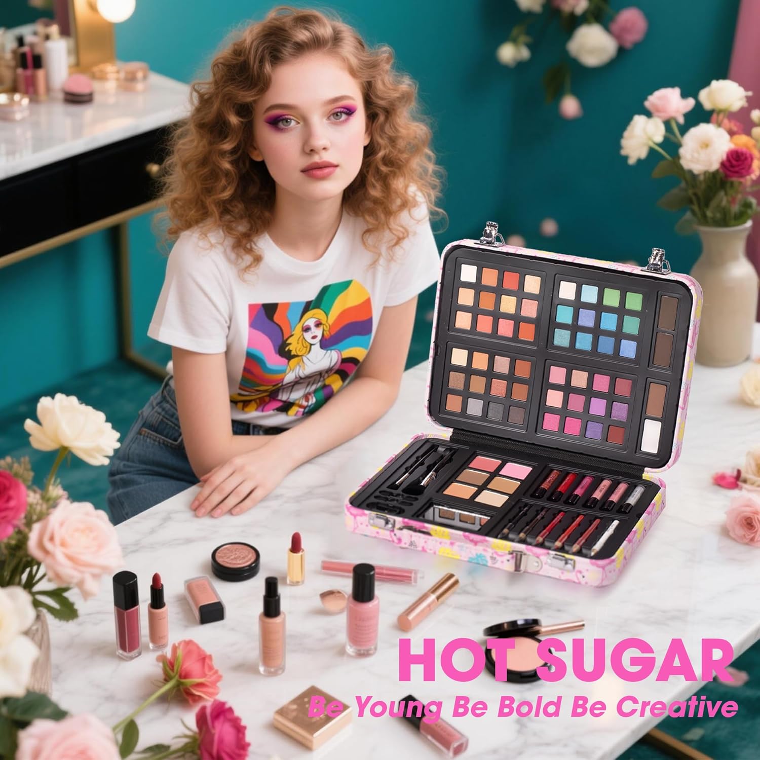 Hot Sugar Makeup Kit for Teenager Girls 13-15, All in One Beginner Makeup Kit for Women Full Kit, Teen Cosmetic Gift Set for Birthday Christmas (Flamingo)