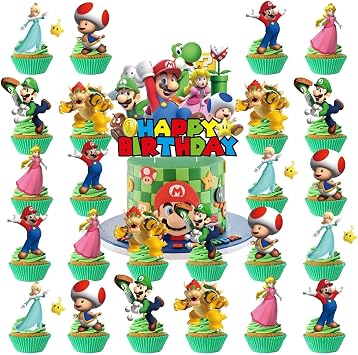 25PCS Mario Cake Toppers, Cartoon Cupcake Toppers, mario Themed Birthday Party Cake Decorations & Party Supplies