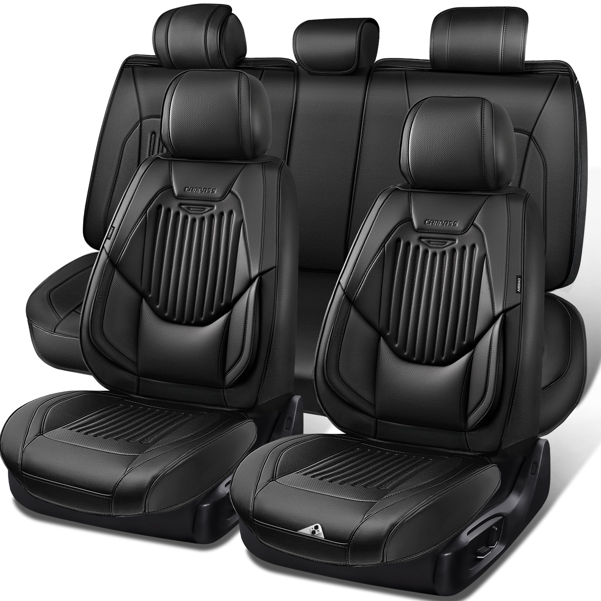 CAR PASS Luxury Nappa Leather Car Seat Covers Full Set, Lumbar Support Seat Covers for Car 5 Seats, Waterproof Car Seat Protector, Automotive Seat Covers Universal Fit for Most Sedans SUV Trucks Black