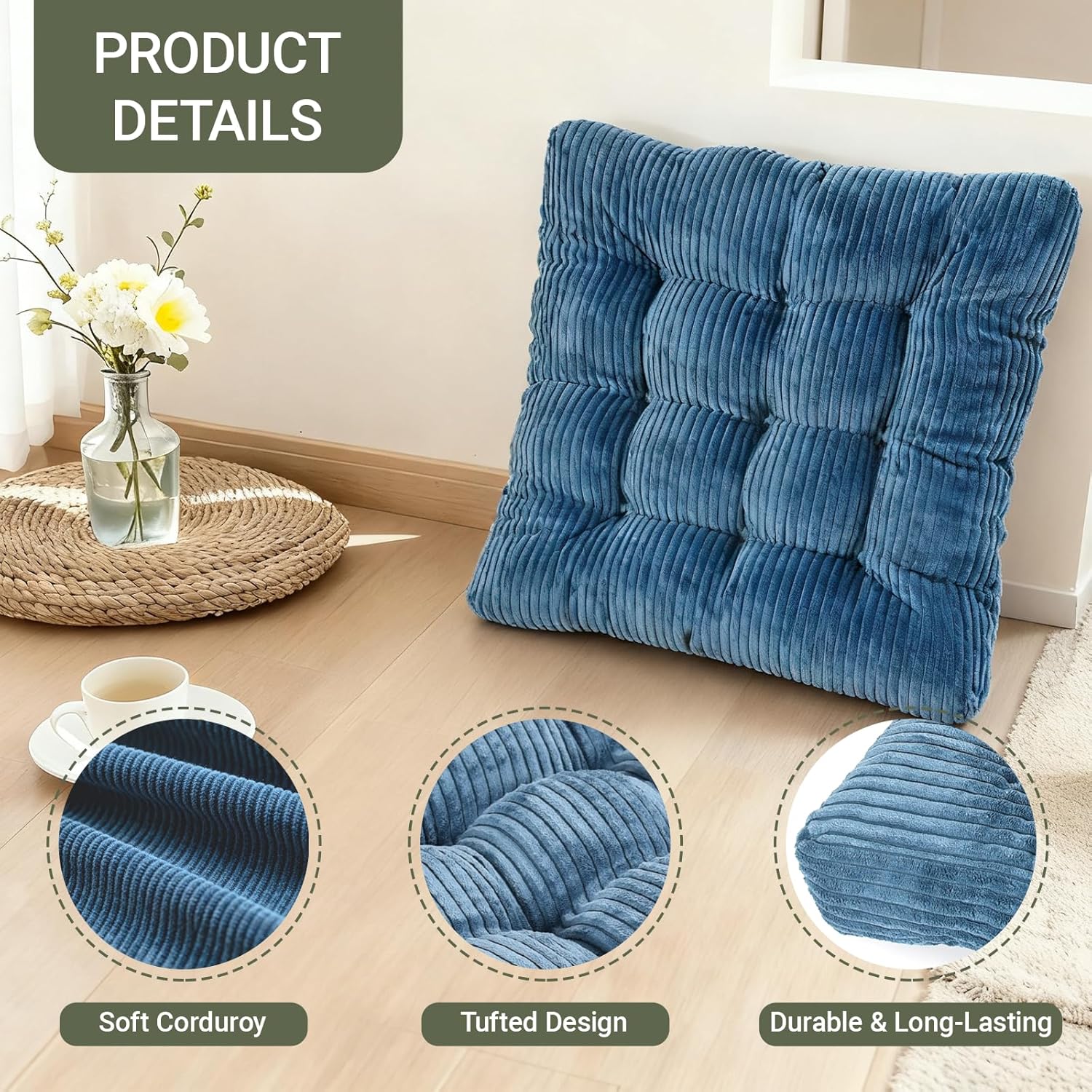 Meditation Floor Pillow Set,Memory Foam Meditation Cushion for Adults Sitting, Large Square Thickened Seat Cushions for Yoga, Tatami Living Room (1, Navy)