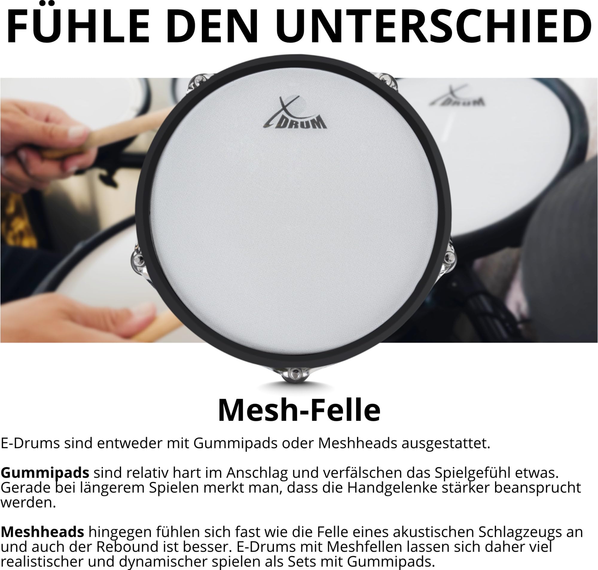 XDrum DD-670 PLUS Mesh E-Drum Kit - batteria elettronica con vera HiHat e casse in legno - pad rullante 14" e pad cassa 20" - 720 suoni, 20 kit utente - incl. hardware - Black Sparkle