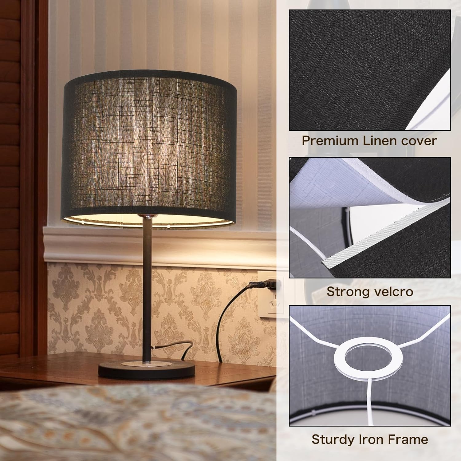 Black Lamp Shade, Large Drum Lampshade 13in Top x 13in Bottom x 10in High, Replacement Lamp Shade Natural Linen Hand Crafted for Table Lamps Floor Lamps Chandelier Lamp, Easy Assembly Required