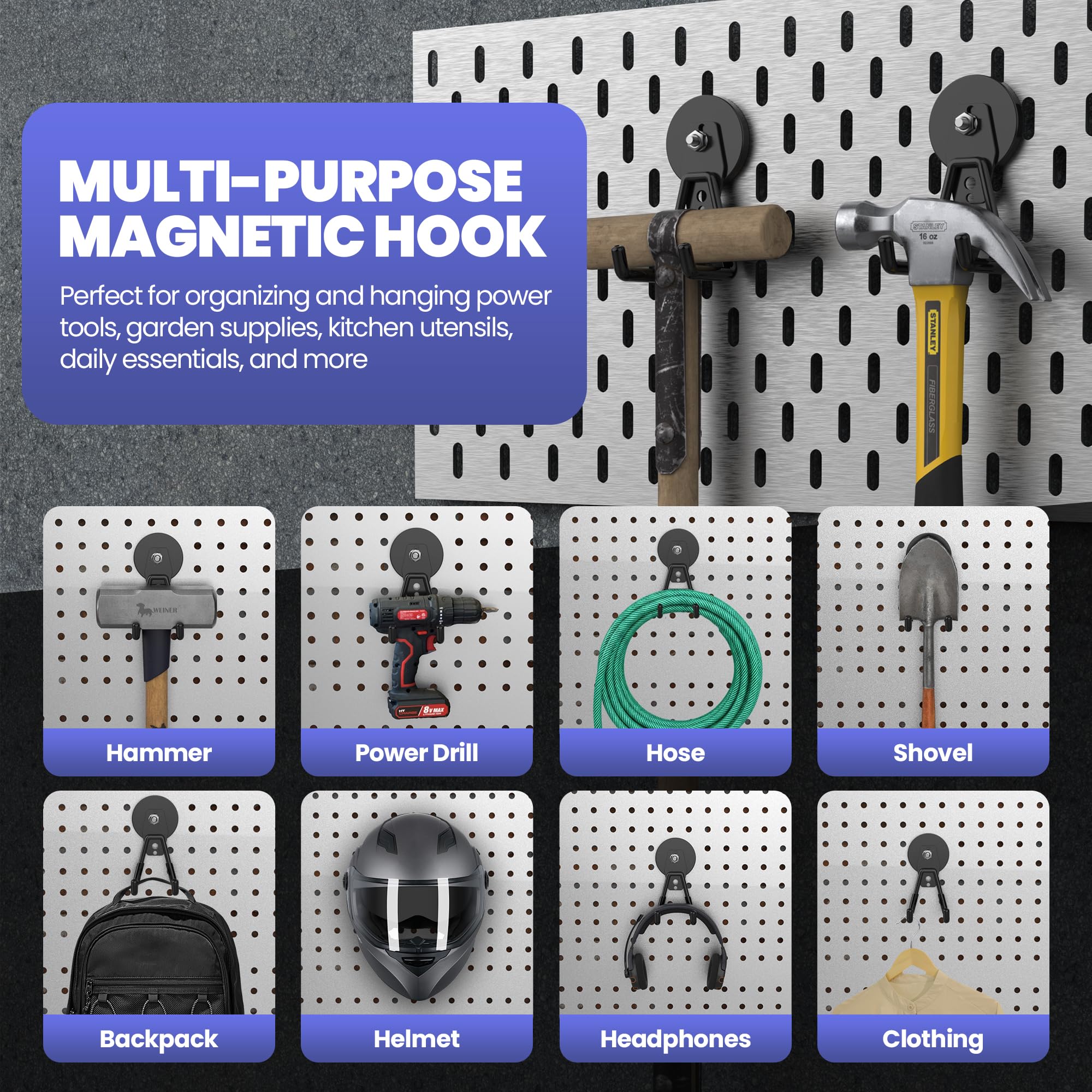 Bardzo duże wytrzymałe haczyki magnetyczne, duże, mocne haczyki magnetyczne, przemysłowe haczyki magnetyczne z powłoką antypoślizgową, magnetyczne haczyki użytkowe do garażu, warsztatu i organizacji