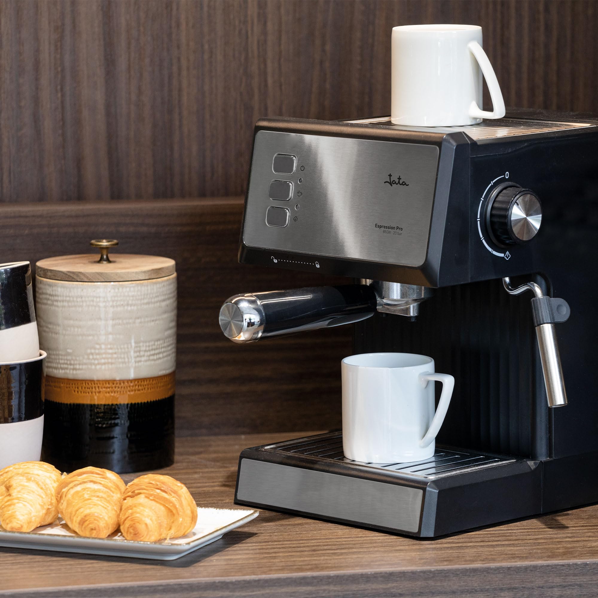 JATA JECA2525 - Cafetera express 20 bares 850 W | Brazo con doble salida y filtro para 1 o 2 cafés | Vaporizador para espumar leche y hacer cappuccinos | Calienta tazas | Depósito extraíble 1,8 L