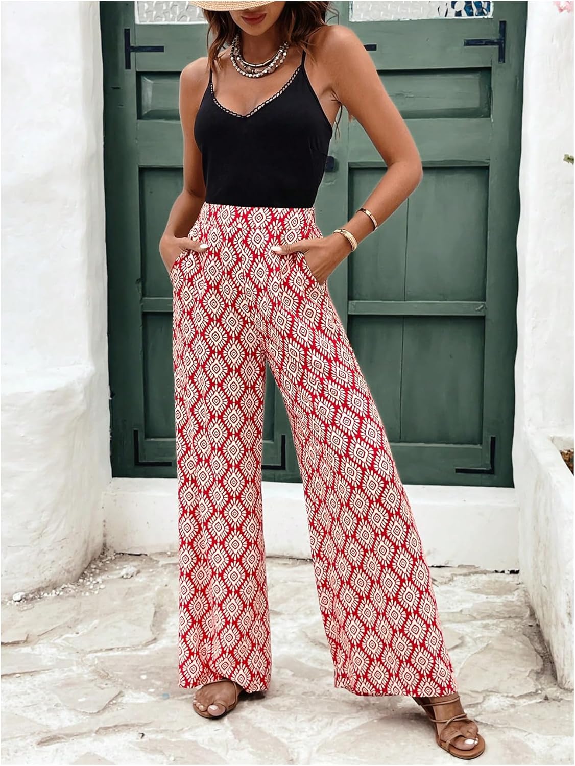 GORGLITTER Women's Bohemian Checkered Pants Wide Leg High Waisted Palazzo Dressy Casual Pants Trousers with Pockets - Image 5