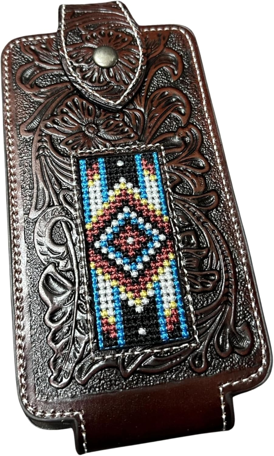 Western Leather Phone Holster – Floral Embossed with Tapestry Aztec Diamond Inlay – Belt Loop Carry Case
