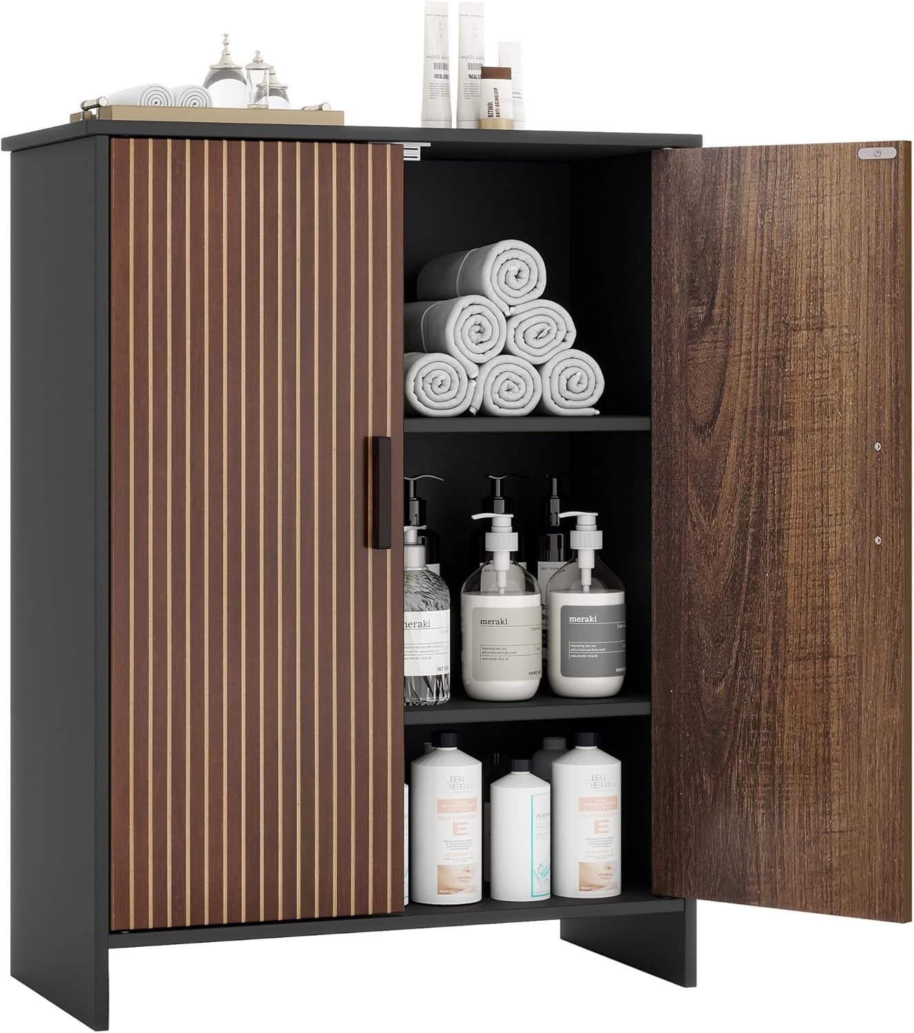 Bathroom Storage Cabinet, Floor Cabinet with 2 Fluted Doors and 2 Adjustable Shelves Wooden Freestanding Organizers and Storage, Black