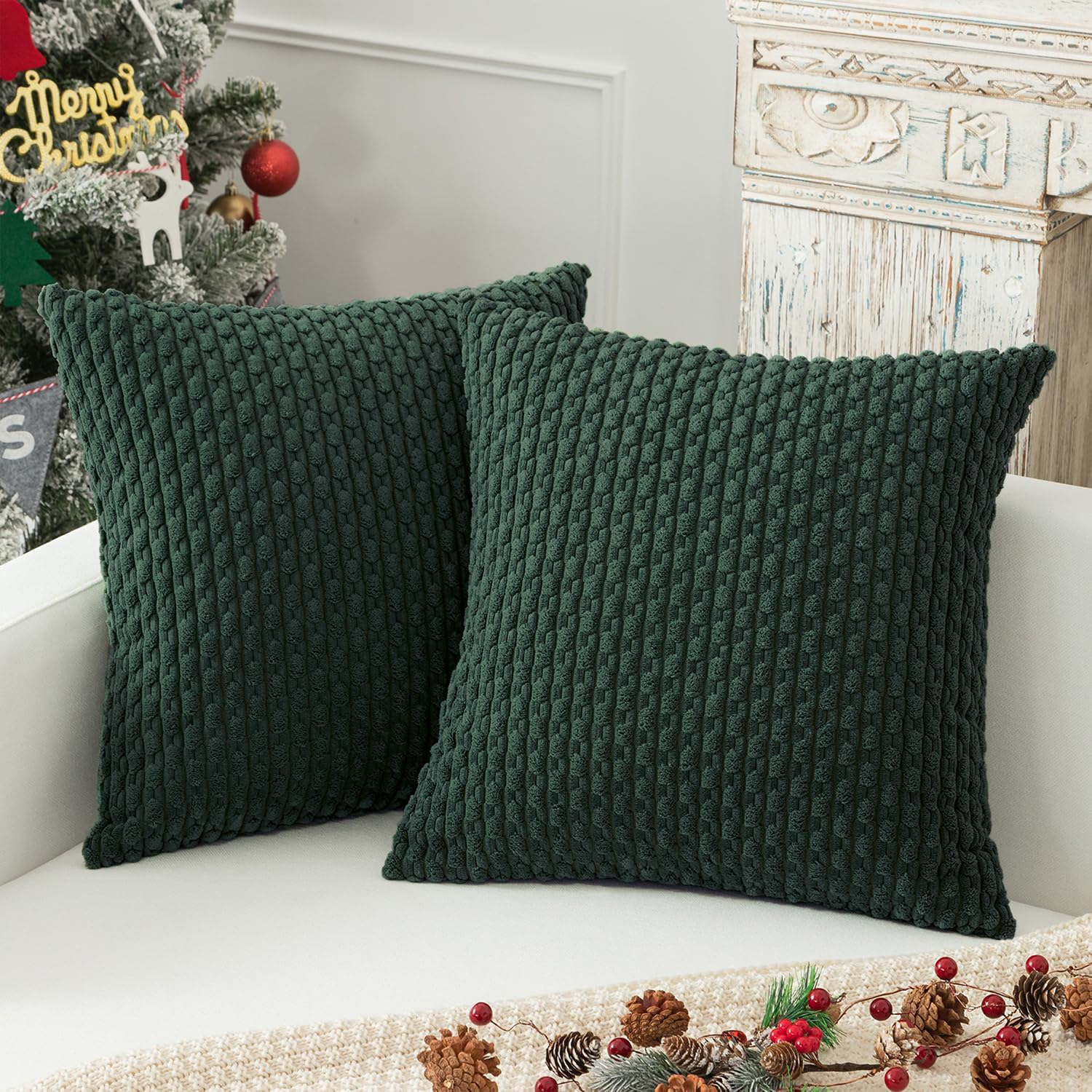kevin textile christmas decorative pillow covers set of 2 striped plush corduroy pillows pillowcases boho home decor cushion covers for couch sofa bed living room 20x20 inch, army green 20" x 20" (pack of 2) army green