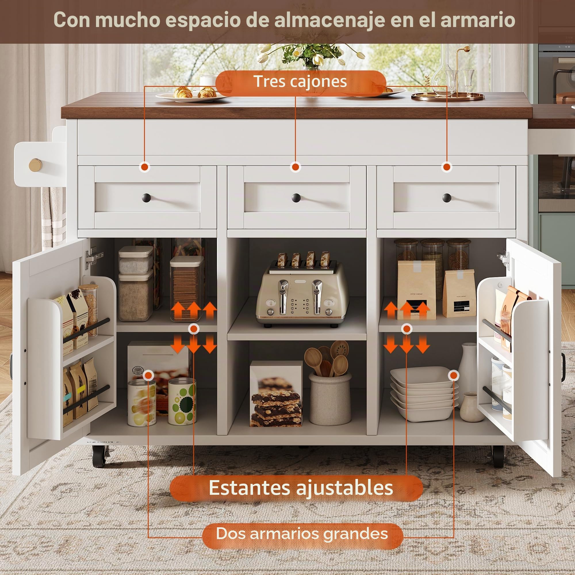 Kebnor Isla de cocina con espacio de almacenamiento, mesa de comedor extensible mesa de bar (131,5-210 cm), giratoria 360°, con cajones y armarios, superficie de trabajo versátil para cocina, comedor