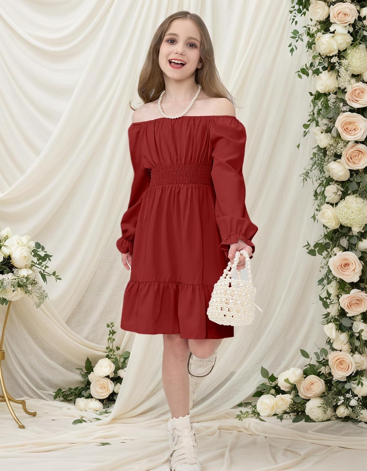 JiAmy Girls Dresses Kids Fall Long Sleeve Smocked Ruffle Tiered Off Shoulder Dress - Image 4