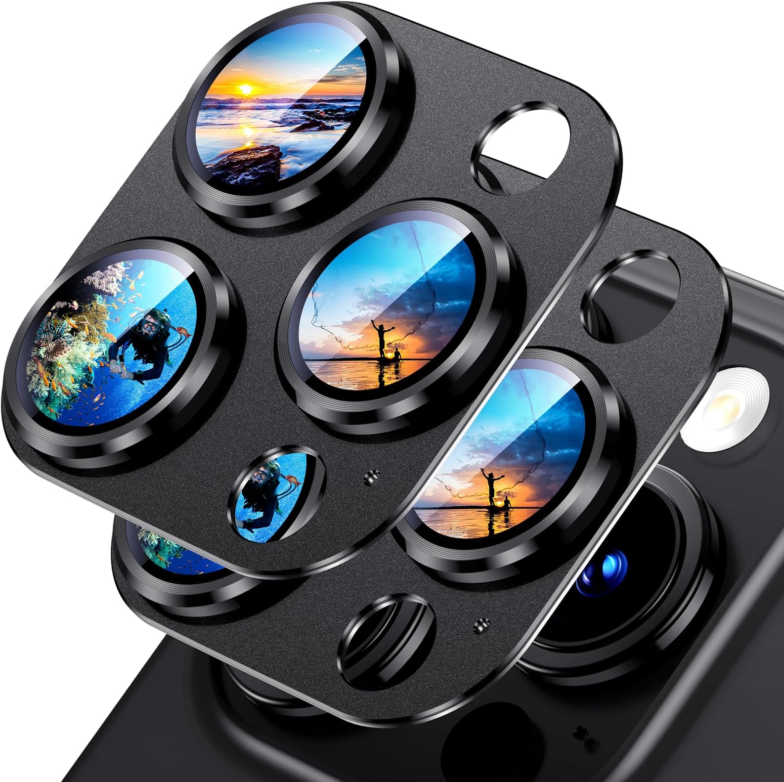 Uyiton Compatible with iPhone 15 Pro/iPhone 15 Pro Max Camera Lens Protector, [Not Easy to Break][Strong Adsorption][Case-Friendly] Metal Tempered Glass Rear Camera Screen Cover - Black, 2 Pack