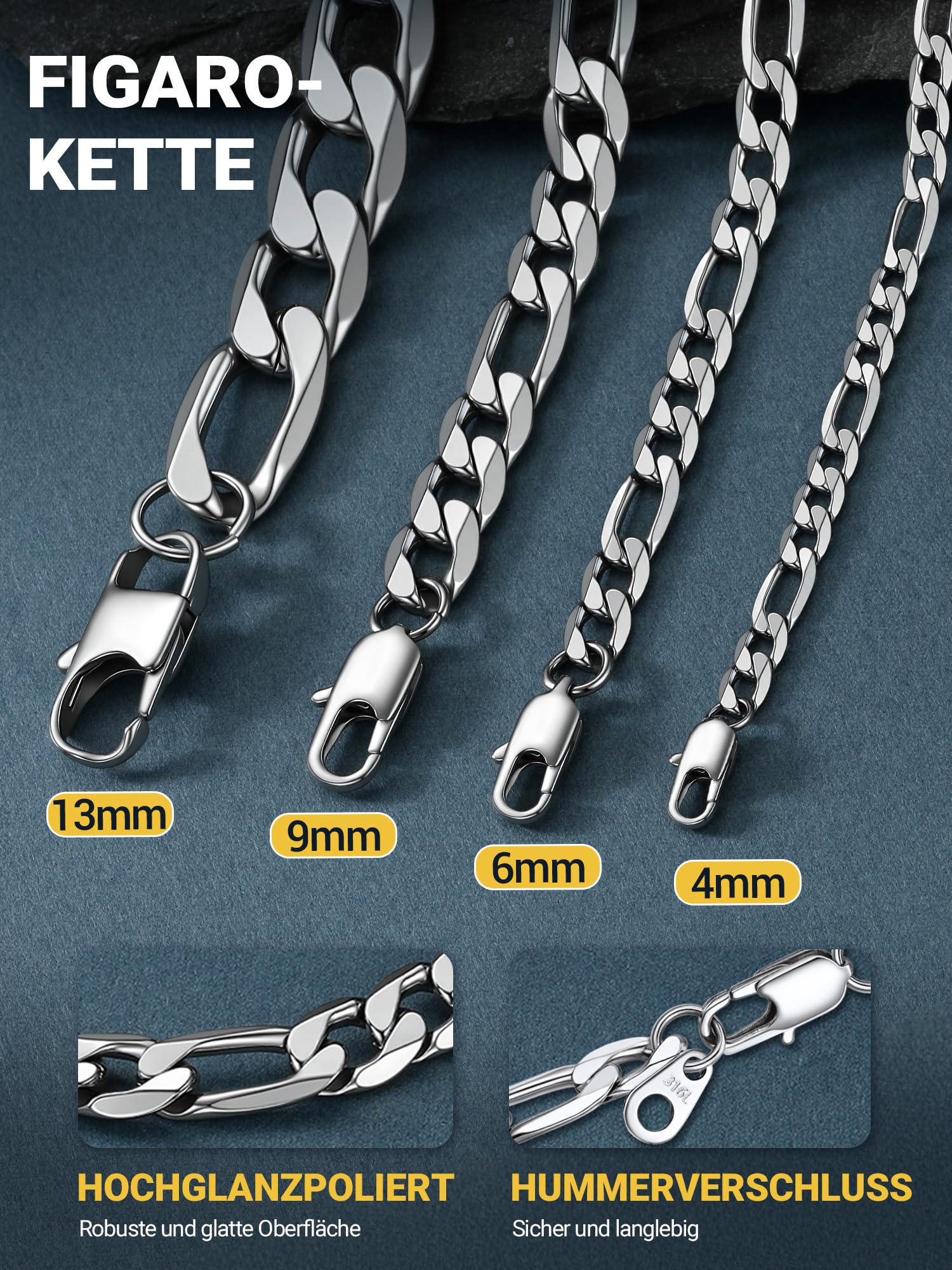 PROSTEEL Herren Halskette Figaro Kette Edelstahl Ketten Silber/Gold/Schwarz Breite 4mm/6mm/9mm/13mm Länge 36-76cm Schmuck für Männer