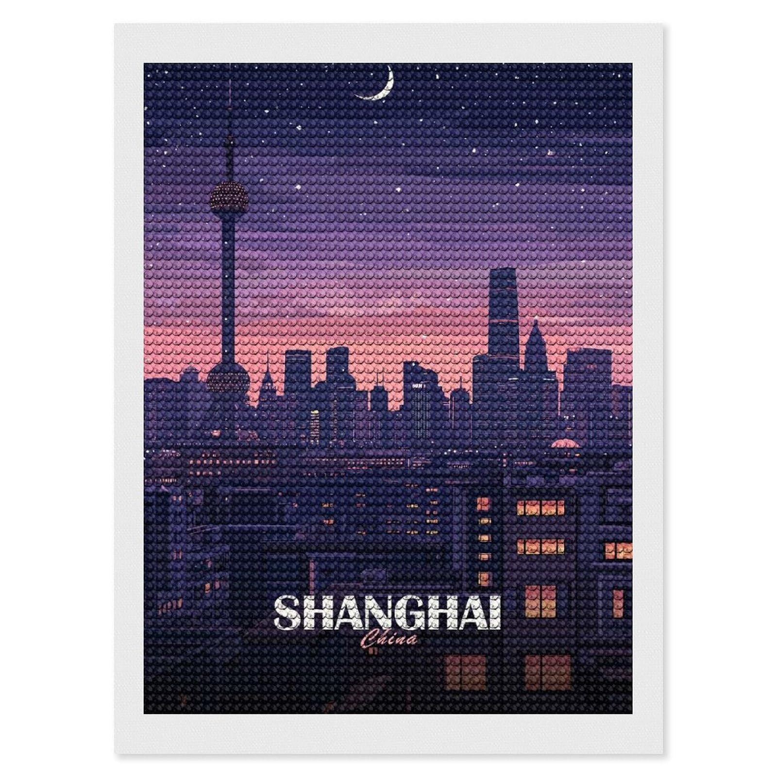 Junmoney Shanghai China Cityscape at Night Diamond Painting Set 12"x16", for Adults, Decorate Your Room, Thoughtful Handmade Gift, Boho Decor, with Tool Kit
