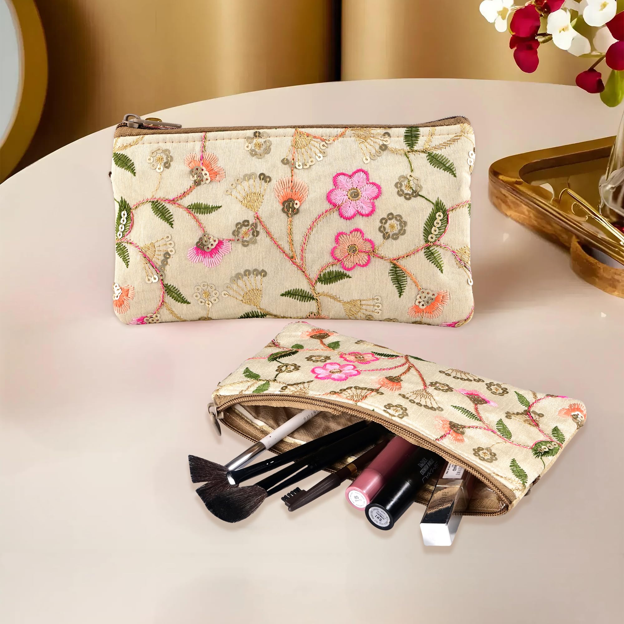 Kuber Industries 2 Pcs Polyester Traditional Hand Purse Ladies with Zip | Embroidery Wallet Purse For Women| Return Gift for Ladies | New Flower - Cream-picture-34