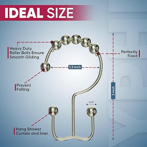 Miniatura 2 de Ganchos dobles para cortina de ducha a prueba de óxido (juego de 12)  Anillos de cortina de ducha de acero inoxidable de níquel con bolas