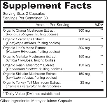 LIVELY VITAMIN CO. Mushroom Magic - Chaga - Cordyceps - Lions Mane - Turkey Tail - Reishi - Shiitake - Maitake - Immune - Energy - Memory - Non-GMO - 120 Vegan Capsules