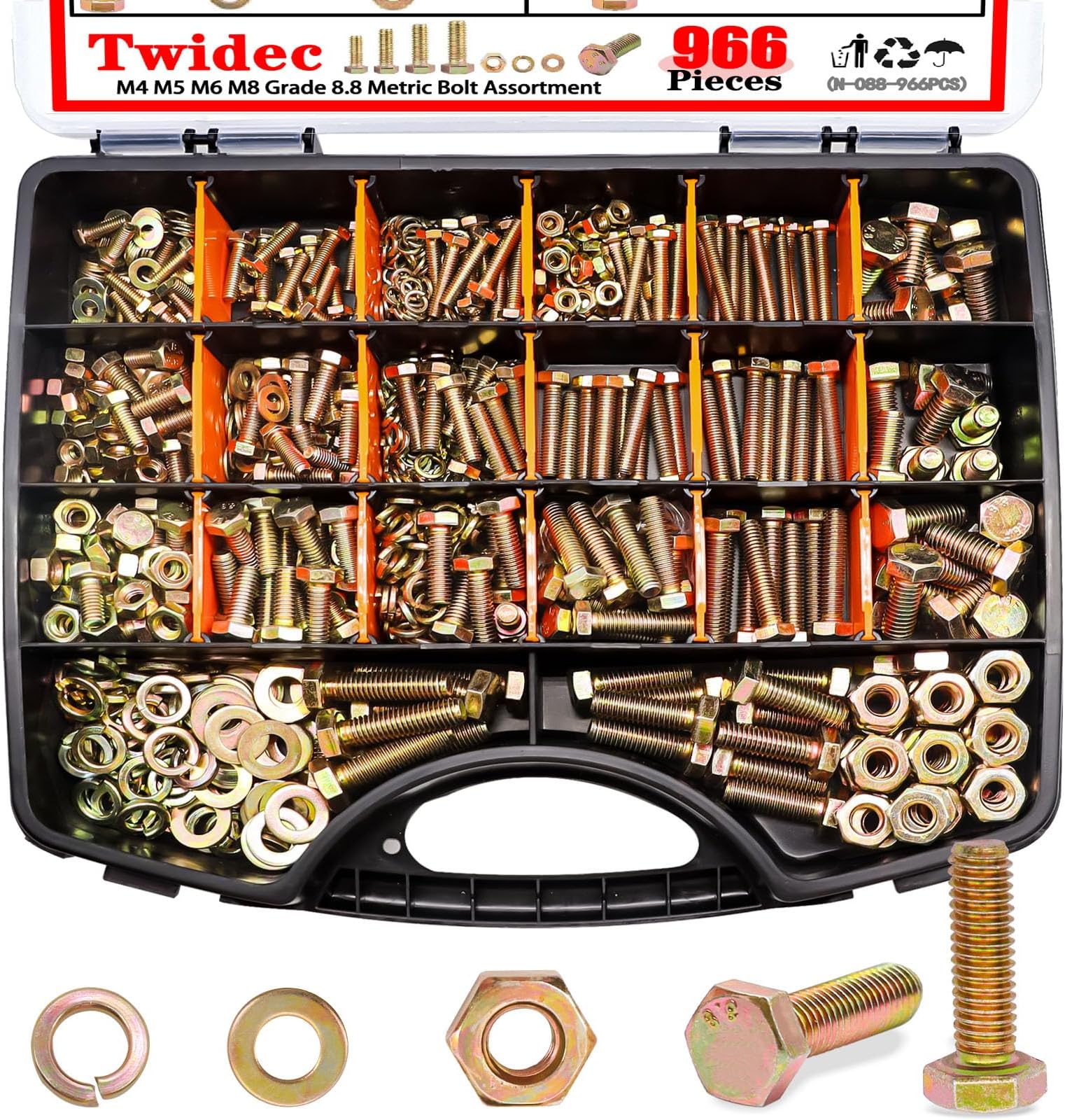 Twidec/966PCS Grade 8.8 Hex Head Bolts and Nuts Assortment Kit,Metric Bolt As...