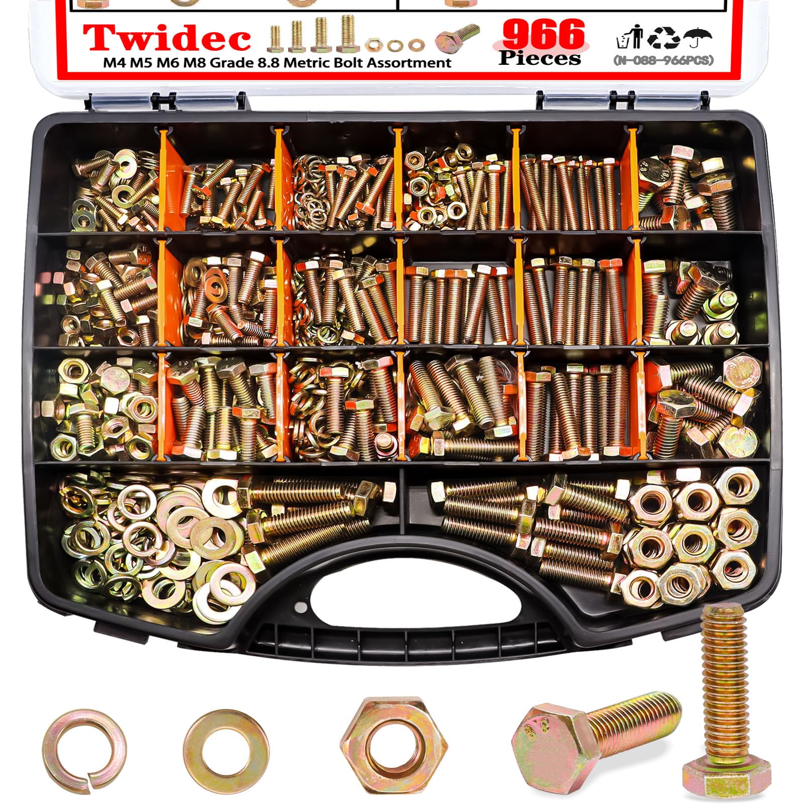 Twidec/966PCS Metric Bolt Assortment,Grade 8.8 Hex Head Bolts and Nuts Assortment Kit, M4/M5/M6/M8(12-30mm)Heavy Duty Nuts and Bolts Kit, Flat & Spring Lock Washer Gold Zinc Plating With Storage Case