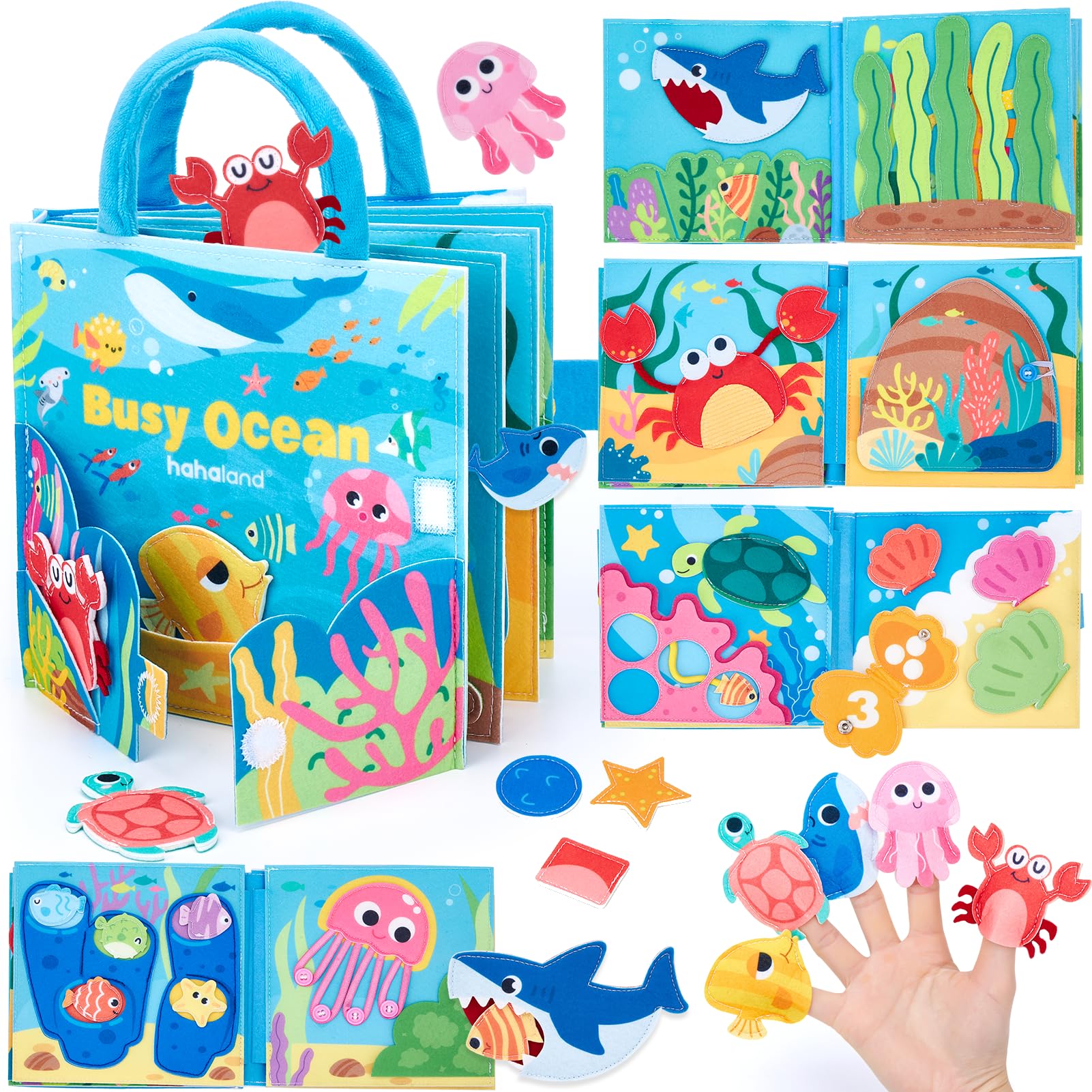 hahaland Jouet Bebe 1 an Busy Board Montessori - 15 en 1 Tableau d'Éveil Animaux Marins - Jeux Motricité Fine Enfant 12 Mois - Livre Feutre Portable Voyage - Cadeau Éducatif Bébé 1 2 3 Ans