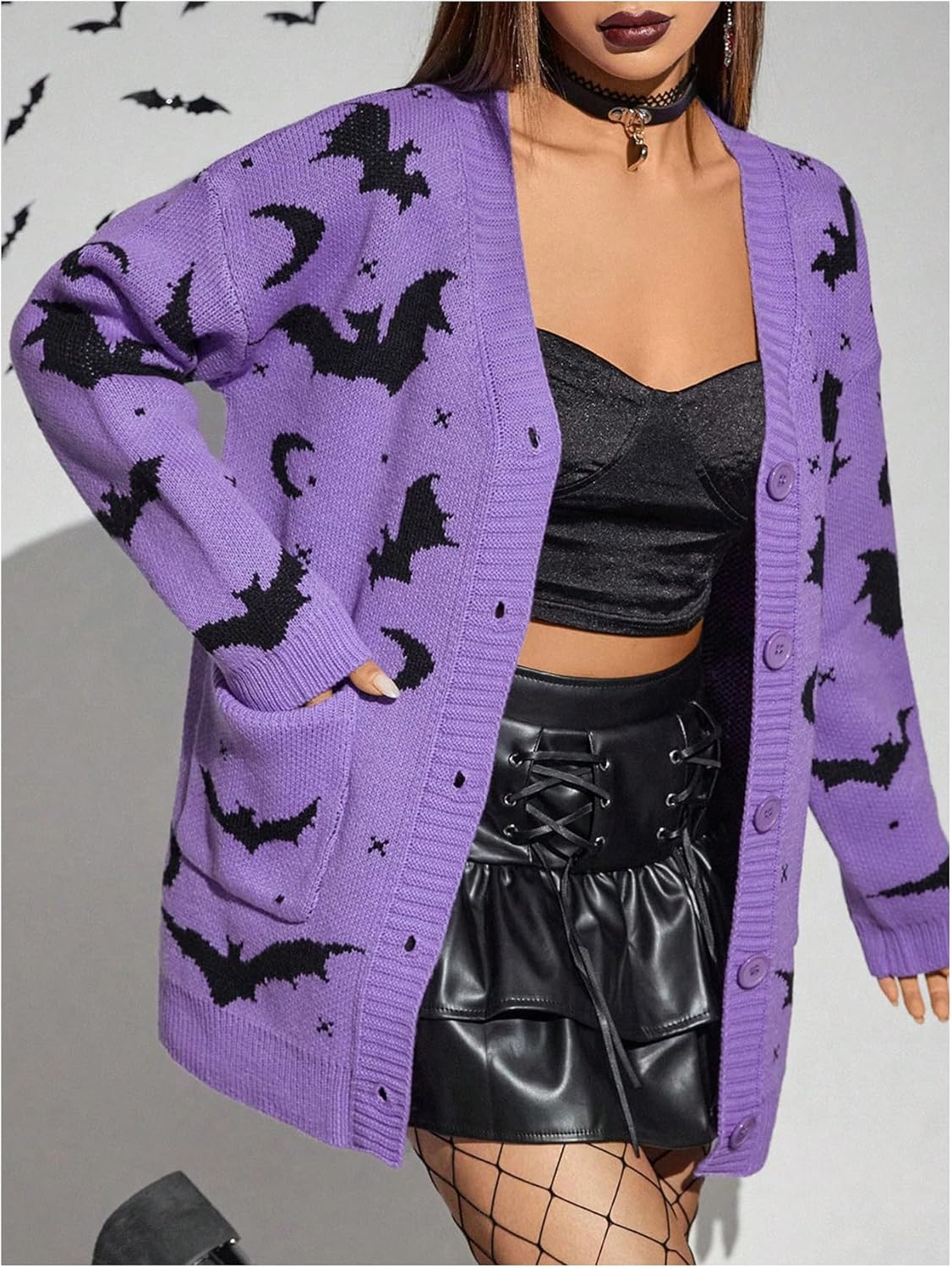 WDIRARA Women's Gothic Graphic Button Down Cardigan Sweaters Long Sleeve V Neck Knit Outerwear - Image 3