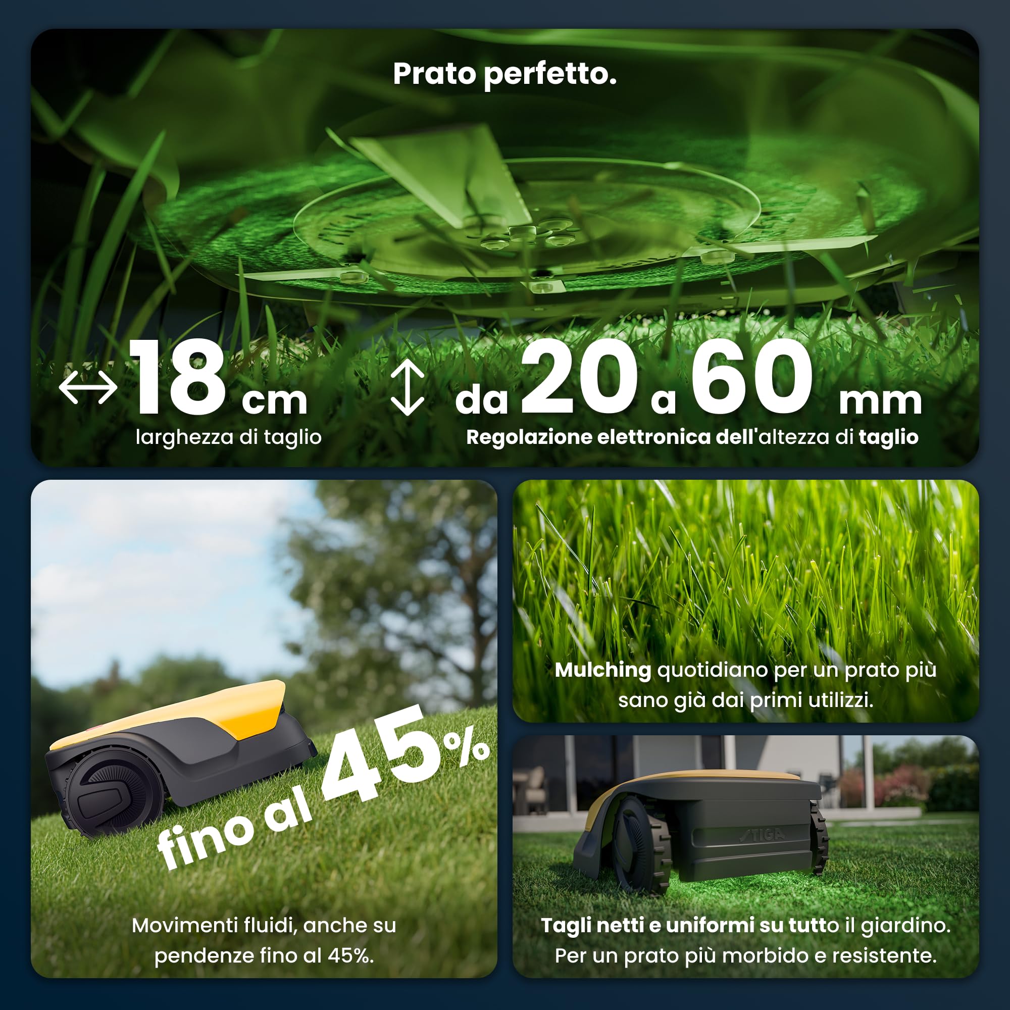 STIGA A 15v a Robot Tagliaerba, 18 cm – Telecamera AI Integrata, Navigazione Autonoma Senza Cavi, Garage Incluso – Prati fino a 1.500 m²
