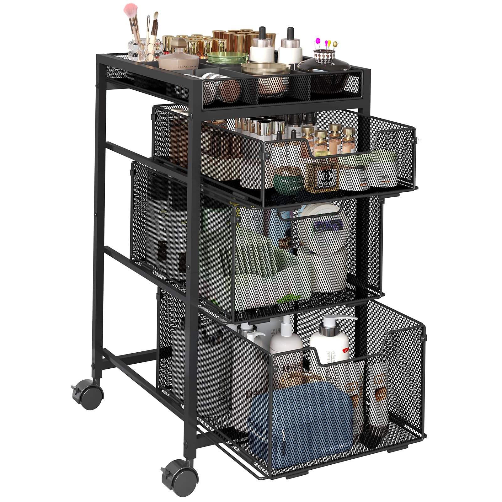 JKsmart Rolling Makeup Cart Organizer with 3 Drawers, Cosmetics Display with Dividers, Floor Skincare Storage with Wheels, Versatile Vanity Organizer for Nail Polish Perfume Brush Hair Tool, Black