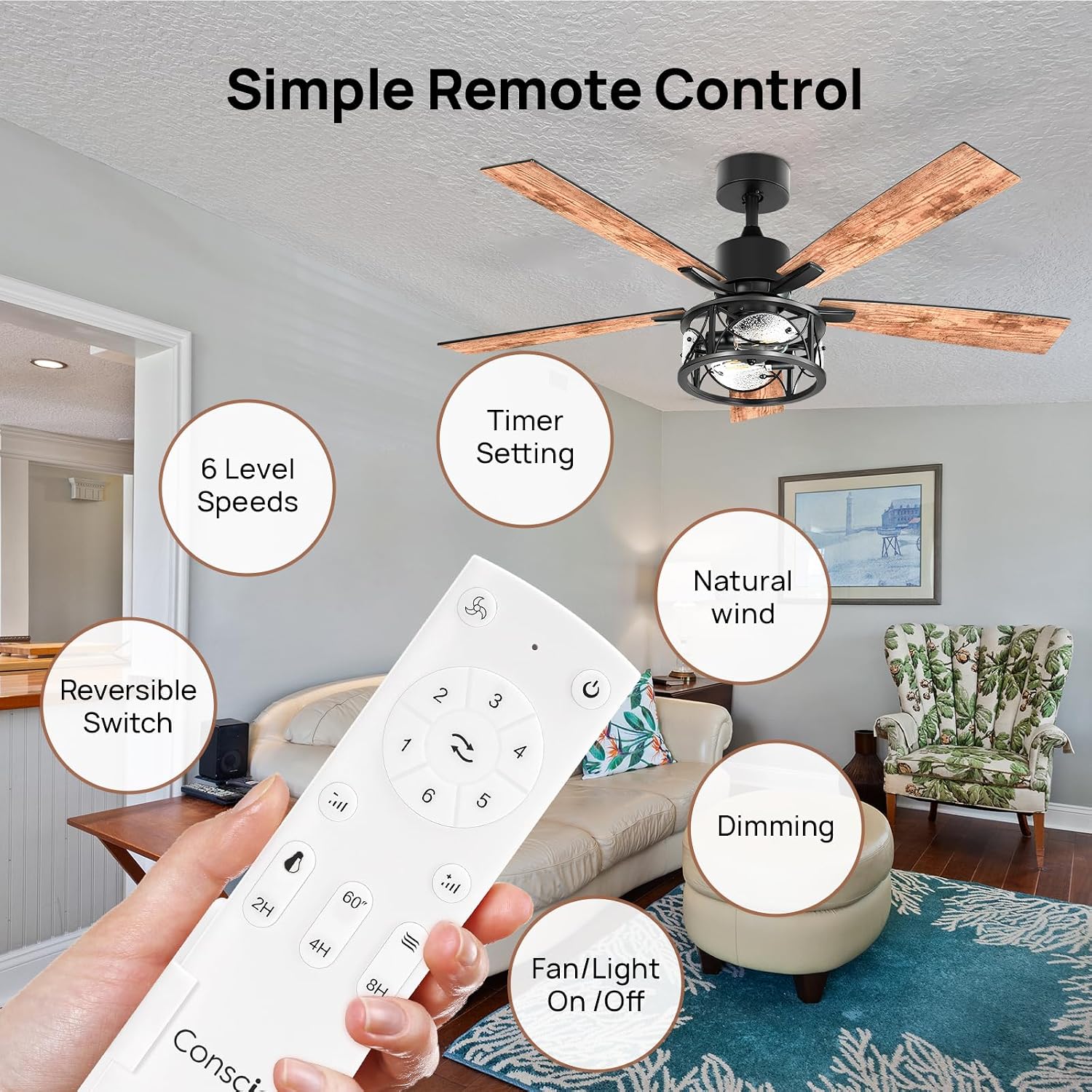 Consciot Ceiling Fan With Lights, 52'' Farmhouse Indoor Ceiling Fan With Remote, Quiet Reversible DC Motor, 5 Double Finish Wood Blades, Easy Install, Dimmable 2*E26 Bulbs(not included), Light Brown