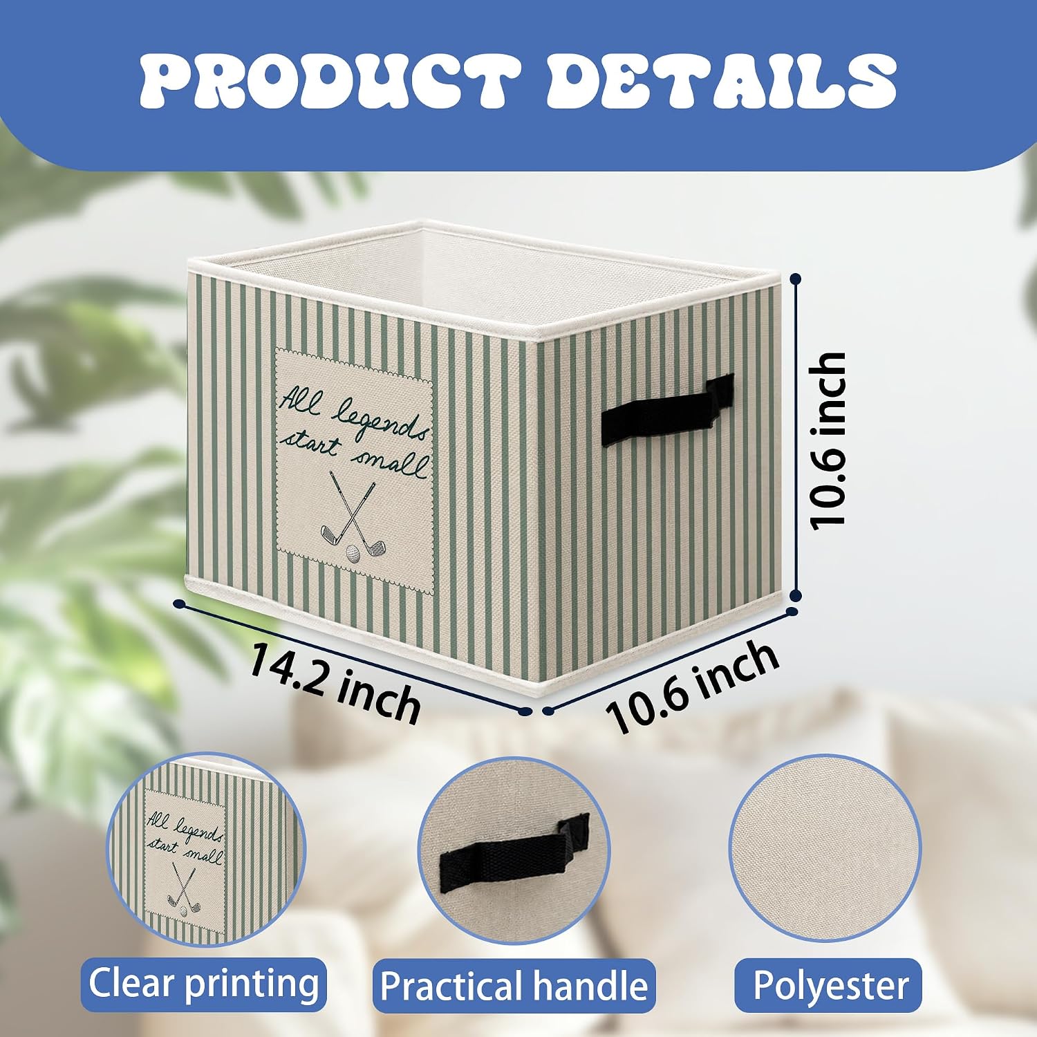 Striped Golf Sports Storage Boxes, Kids Toy Bin, All Legends Start Small Cube Storage Bin for Nursery Playroom, Green Beige Striped Golf Sport Organizer Bins for Shelves, 14.2"x10.6" x10.6"