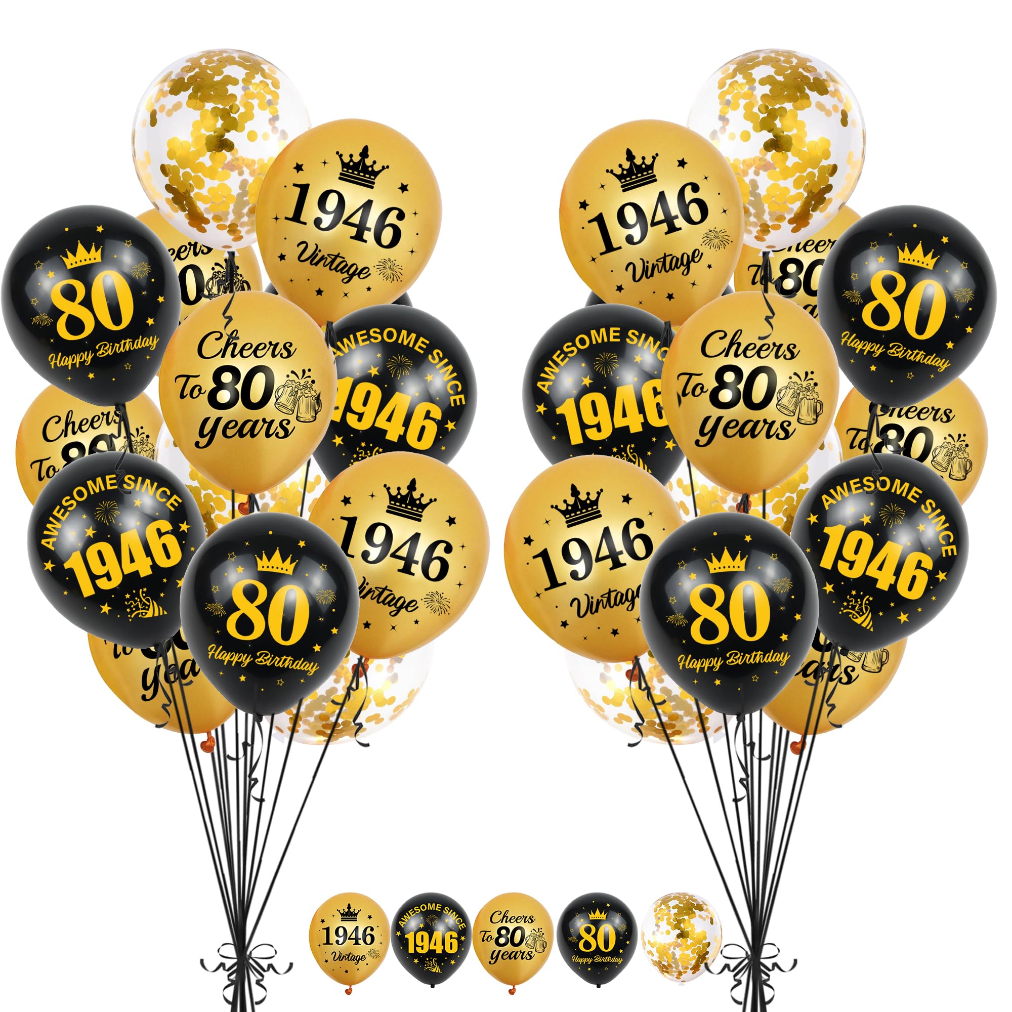 80th Birthday Decorations Balloons Women - 40 Pcs Black and Gold Happy Birthday Awesome since 1946 Vintage Cheers to 80 Years Sequins Balloon with Ribbon for 80 Years Old Men Party Celebration Decor