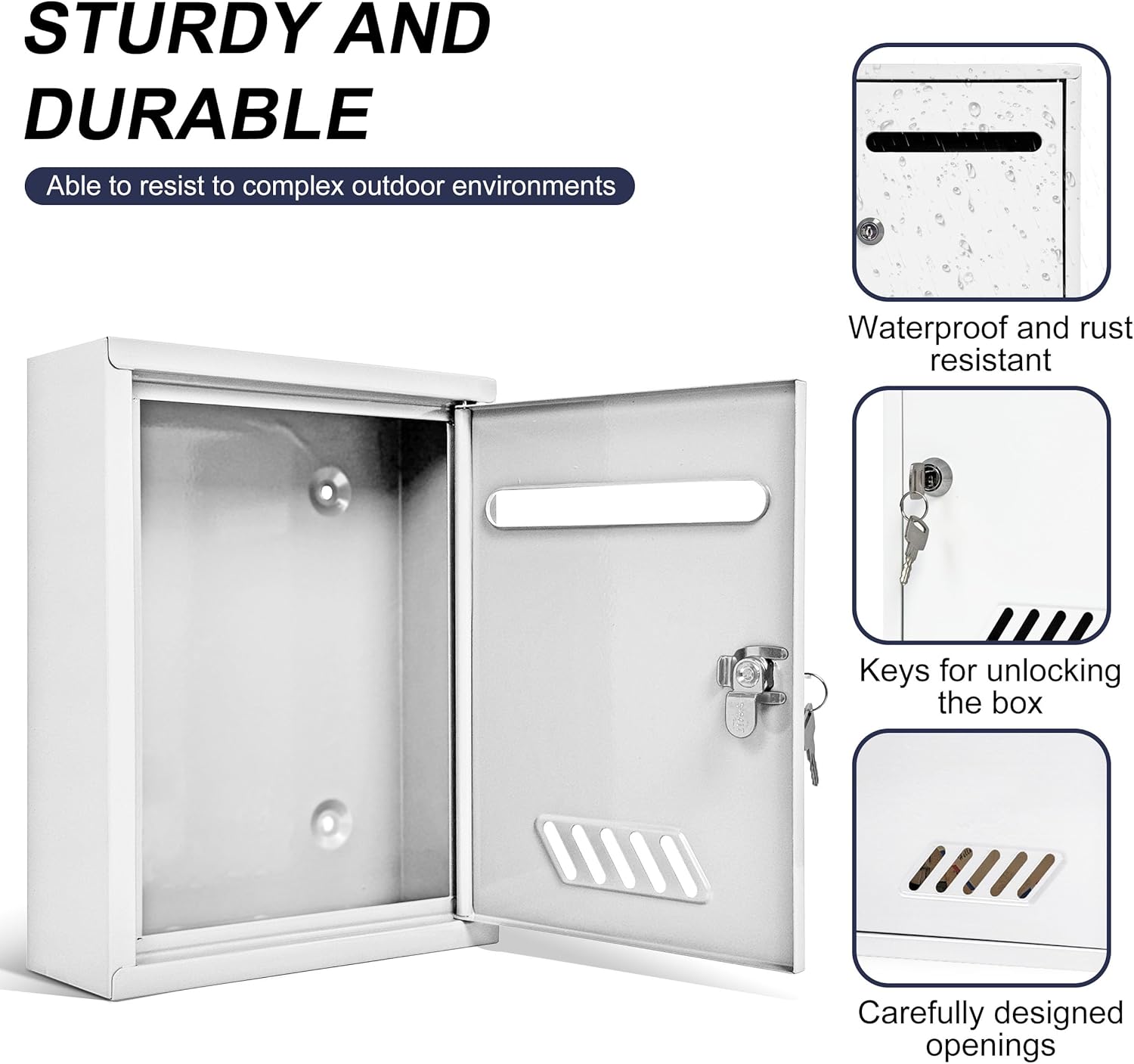 Locking Wall-Mounted Mailbox, Weatherproof Metal Mailbox with Secure Lock for Outdoor Use, Stainless Steel, Modern & Decorative Design, Perfect for Home & Office (White)