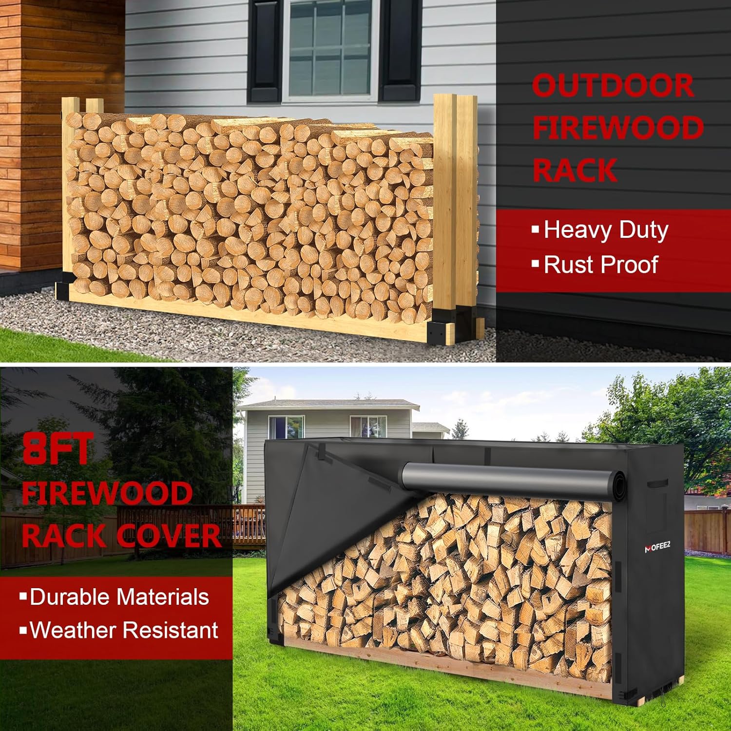 MOFEEZ Firewood Log Rack and 8ft Cover Combo, Wood Racks Holder for Wood Storage Outdoor, Powder-coated Finish for Weather Resistant