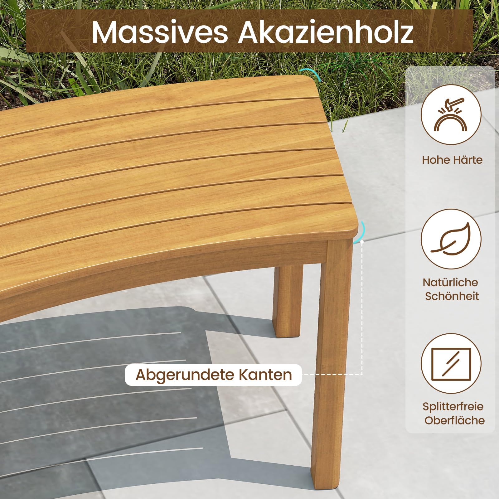 COSTWAY Gartenbank Holz Wetterfest 2er Set, Sitzbank ohne Rückenlehne, Gebogene Holzbank, Parkbank aus Akazienholz, Bank für Garten, Balkon, Terrasse (Natur)