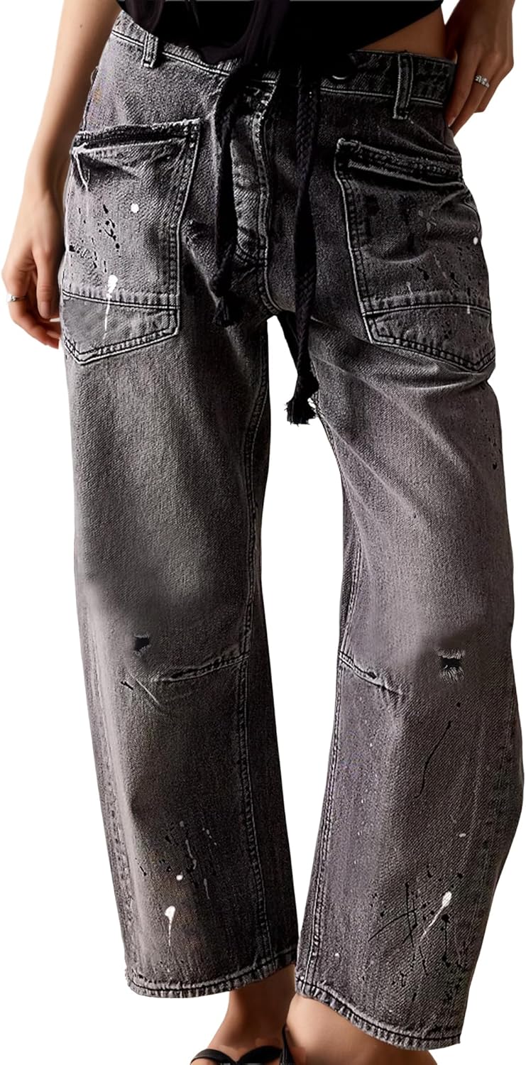 Barrel Jeans Women Trendy Low Rise Drawstring Baggy Jeans Vintage Pant Casual Wide Leg Horseshoe Demin with Pockets