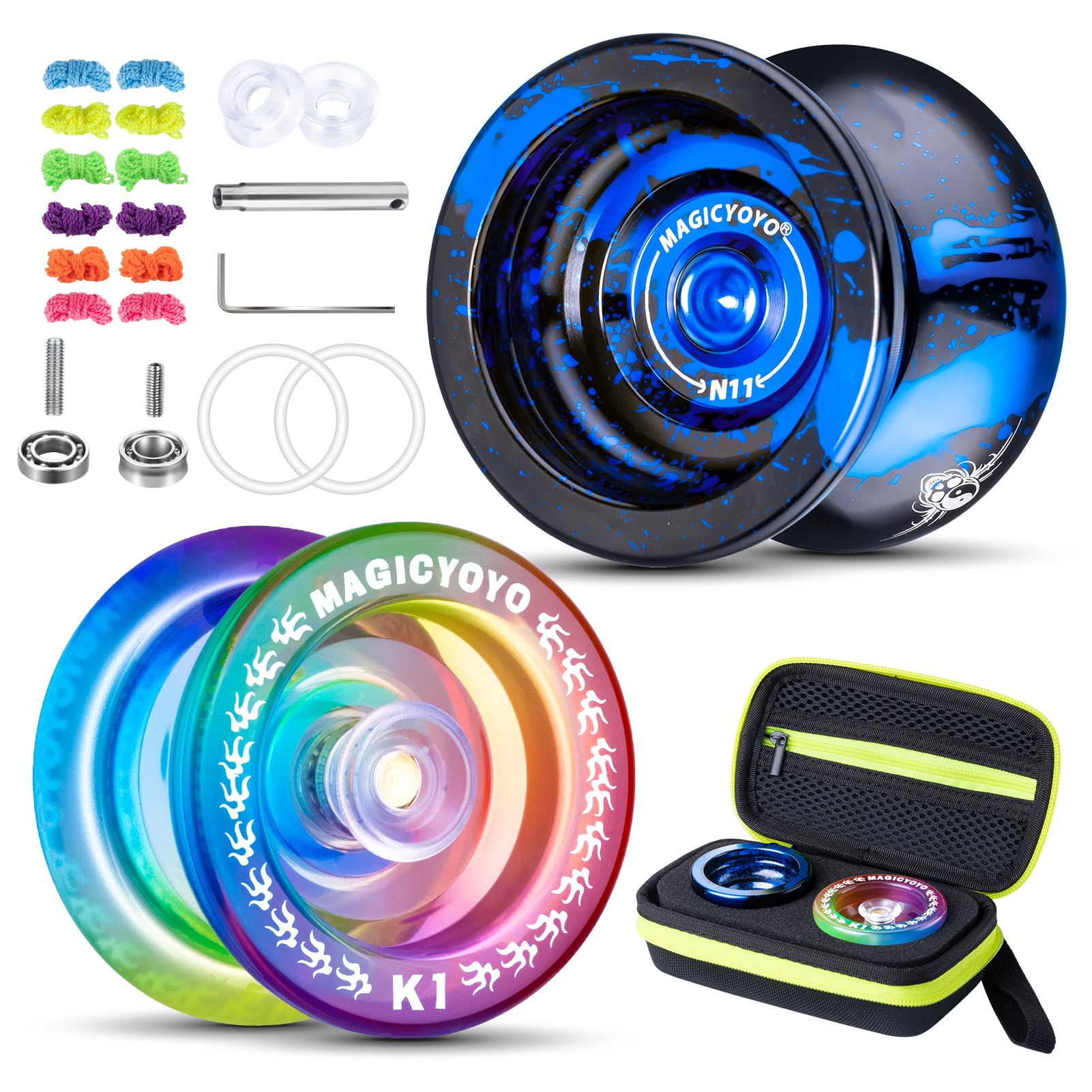 MAGICYOYO Pro Yoyo 2 Pack, Responsive Yoyo for Kids Beginner, Metal Yoyo N11 and Plastic Yoyo K1, Dual Purpose Yoyo Replacement Unresponsive Yoyo Bearing for Advanced with Yoyo Case + 12 Yoyo Strings