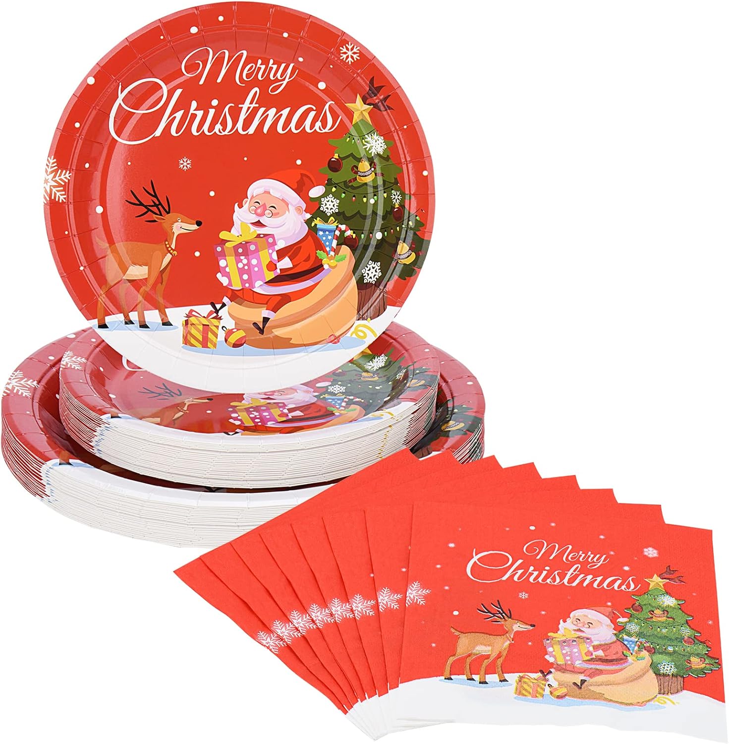 Bluechok Christmas Party Paper Plates Sets, 72Pcs Santa Elk Print Decorations