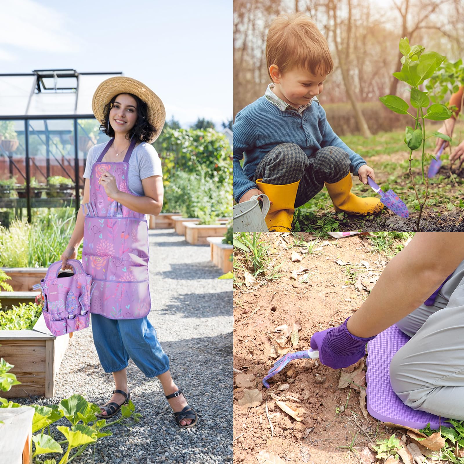 Juego de herramientas de jardín púrpura de 10 piezas, herramientas de mano de jardinería resistentes con mango ergonómico antideslizante, bolsa de herramientas de jardín con estampado de
