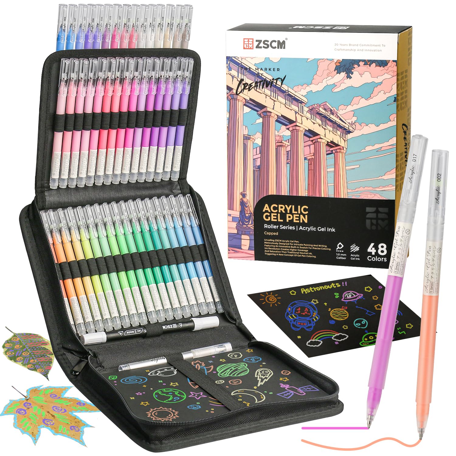 ZSCM Cuaderno de bocetos de papel negro y bolígrafos de gel acrílico de 48 colores para dibujar, bolígrafo de tinta acrílica de punta fina de 1 mm, bolígrafos de tinta de archivo opacos para dibujo de