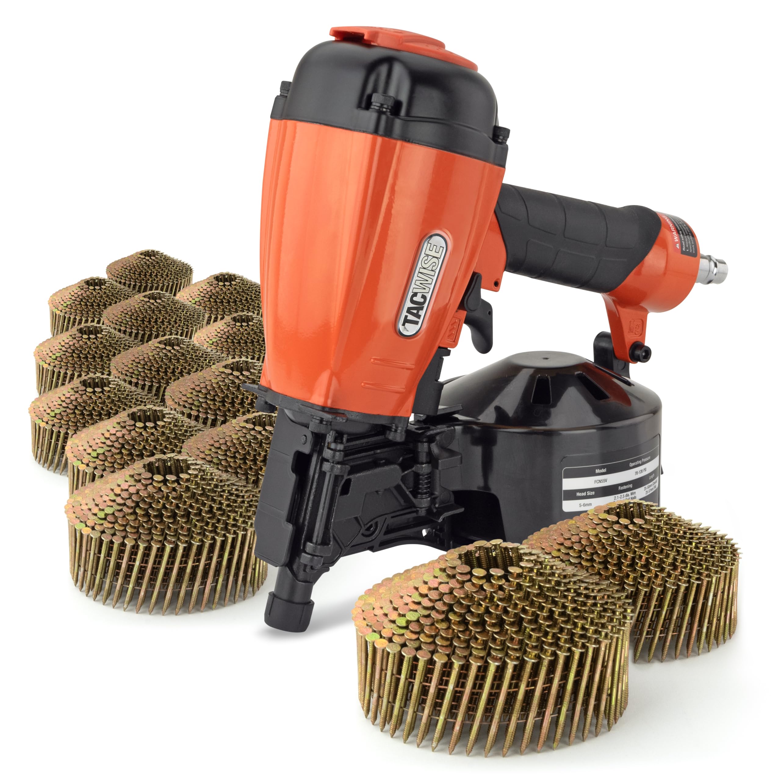 Tacwise Orange / Black 1796 Fcn55v Air Coil Nailer With 5400 Type 2.1/38Mm Galvanised Conical Top Coil Nails