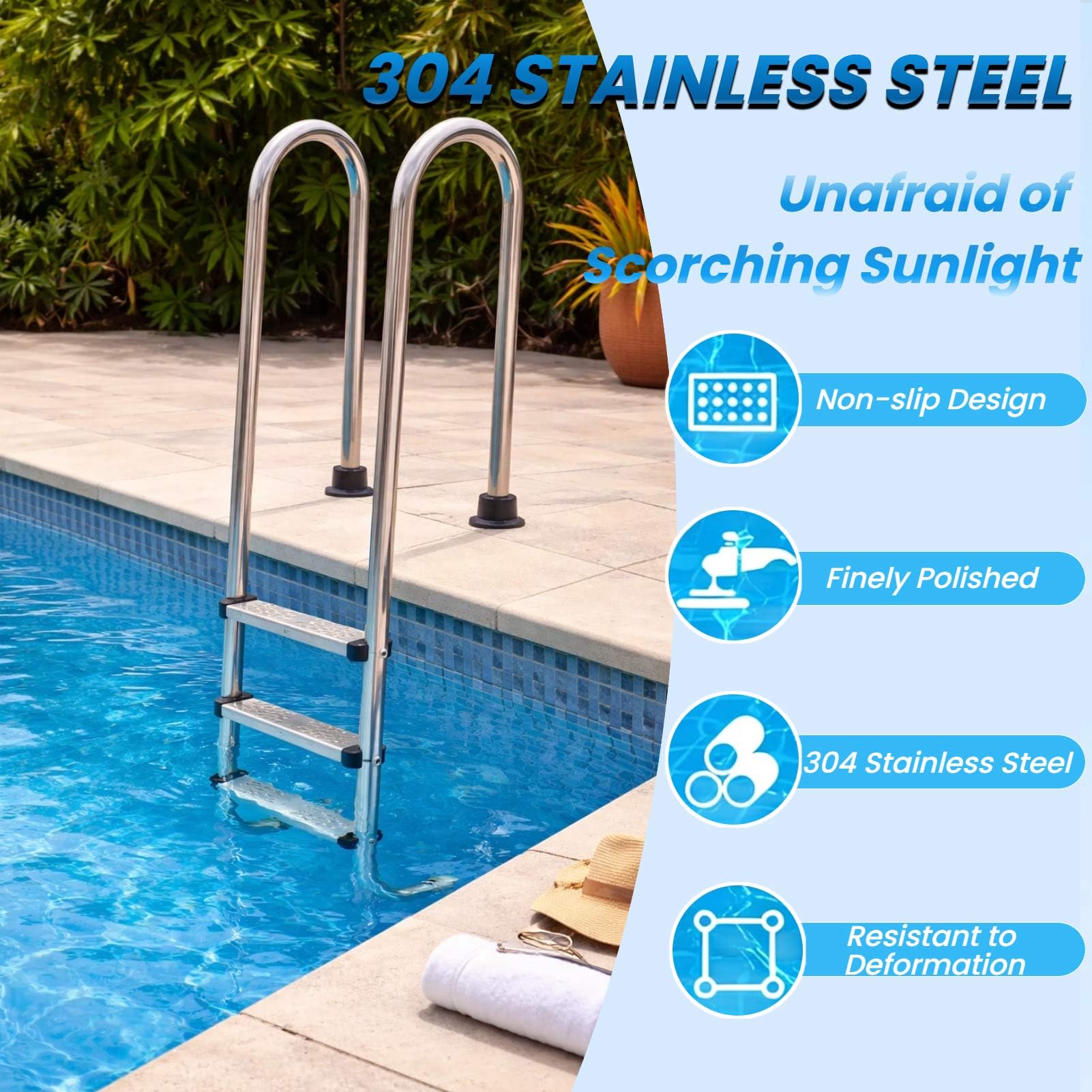 Scaletta per Piscina, 2-4 gradini con Doppio corrimano e gradini in Acciaio Inox, per Piscine interrate, Interne ed Esterne.