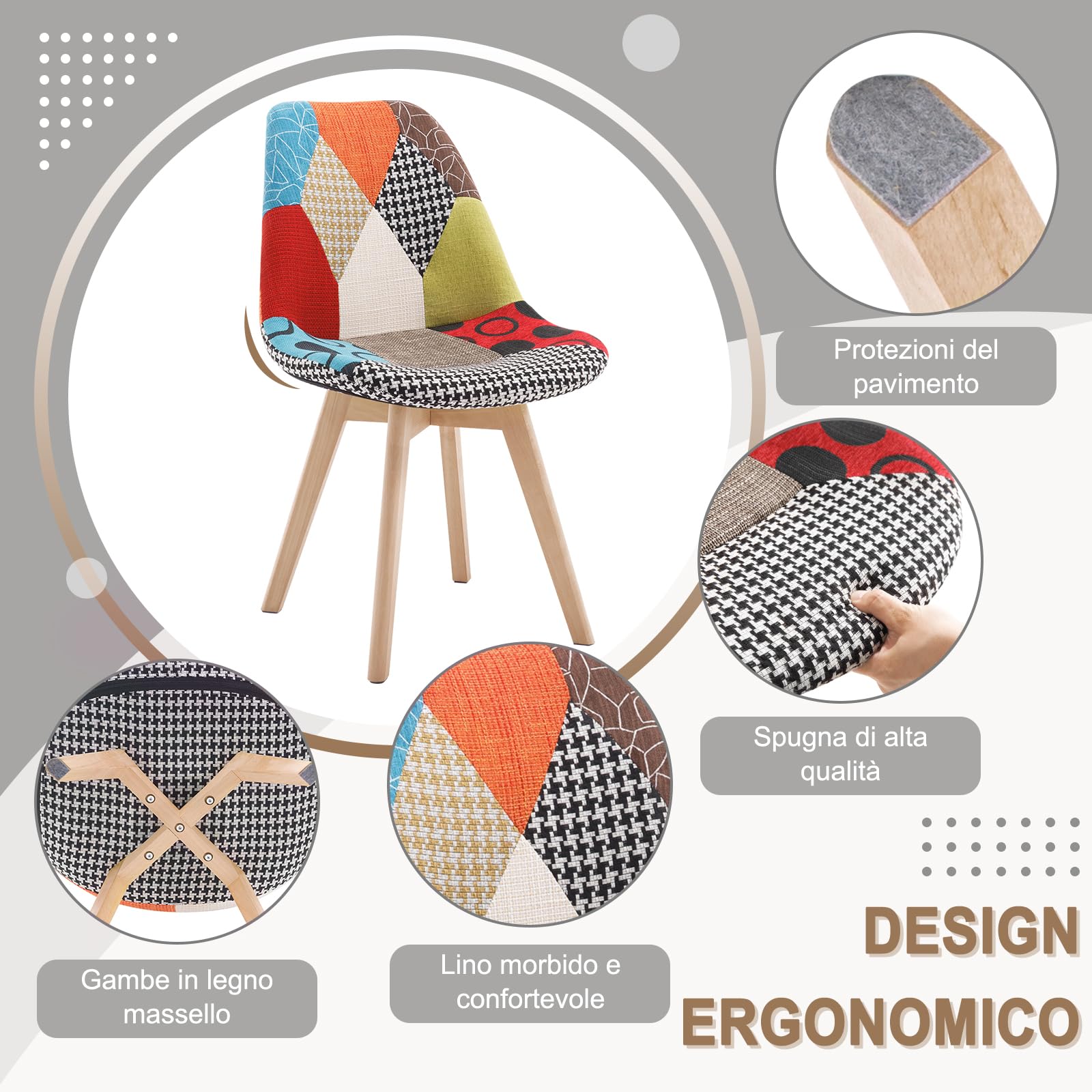 WOLTU Set di 2 sedie da pranzo Sedia da Scrivania con Schienale Rivestito in Tessuto di Lino Patchwork Gambe Legno Moderno