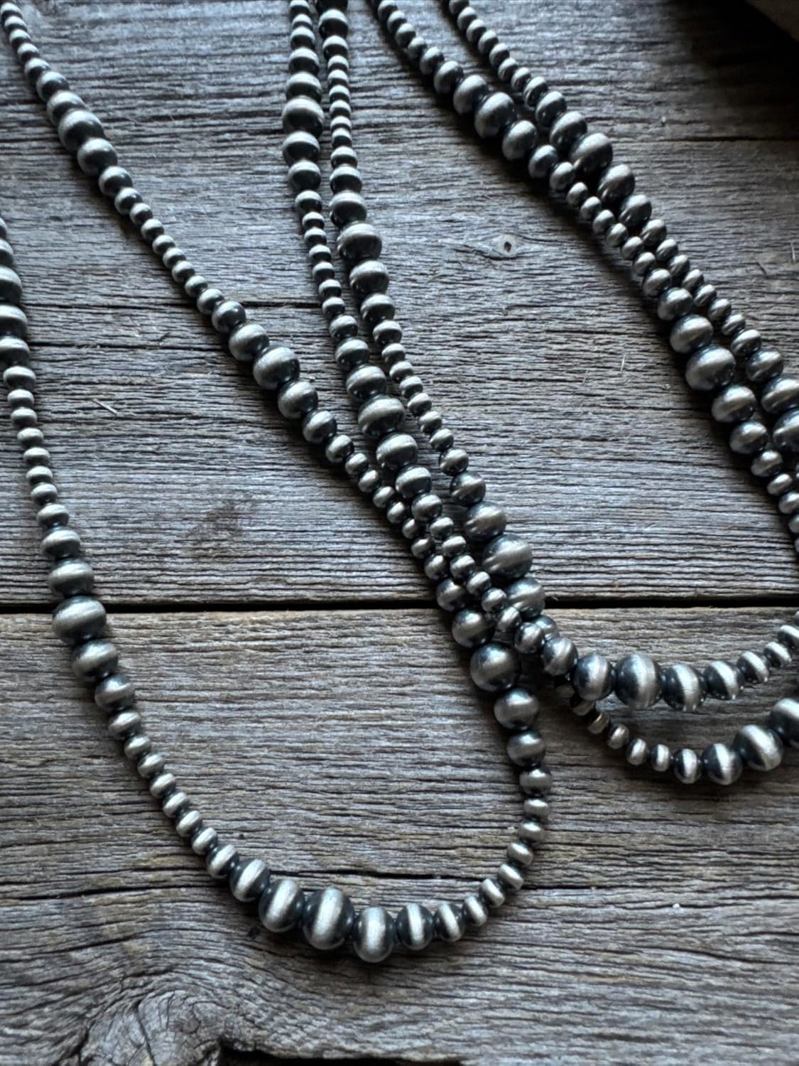 4mm - 8mm Multi Graduated Sterling Silver Oxidized Pearls Bead Necklace 60 Inch “Navajo Style”