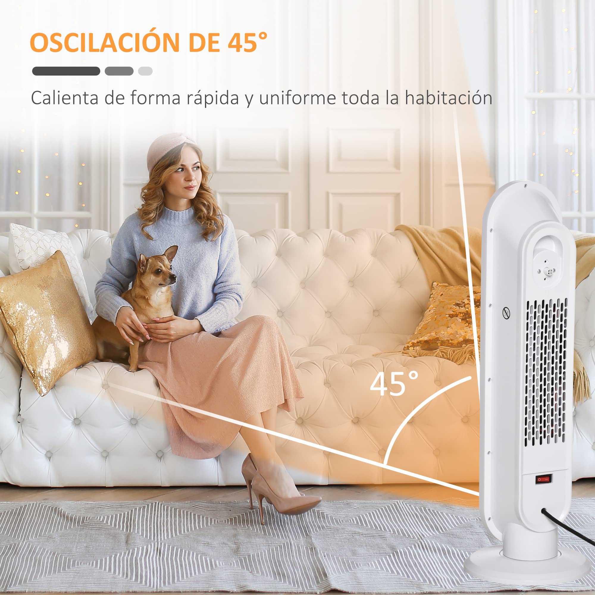 HOMCOM Calefactor Cerámico de Torre 1200W/2000W PTC 20 m² Blanco y Negro | Mando a Distancia, Termostato, Temporizador de 24H, Oscilación 45°, Sistema Antivuelco, para Sala
